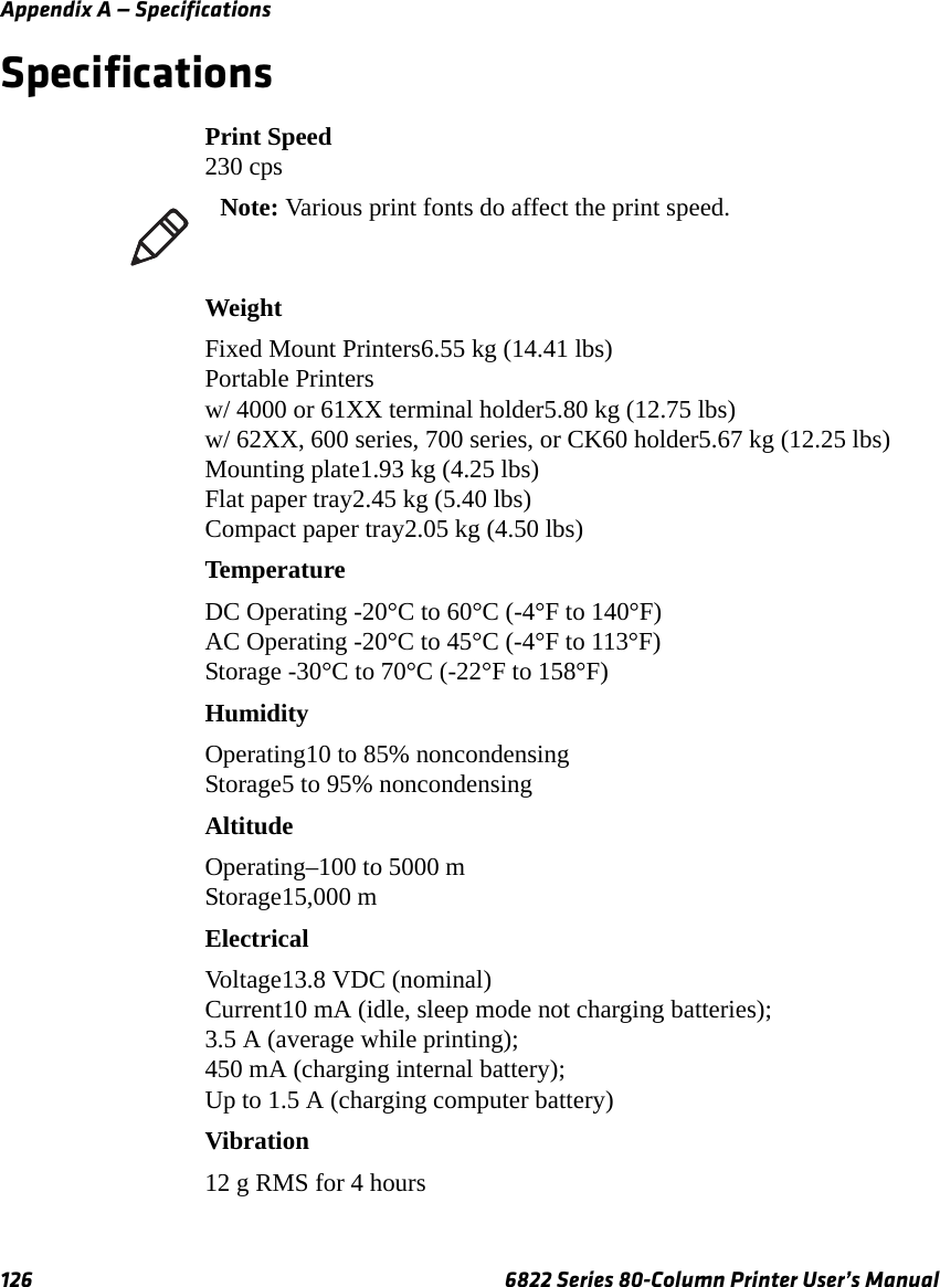 Appendix A — Specifications126 6822 Series 80-Column Printer User’s ManualSpecificationsPrint Speed230 cpsWeightFixed Mount Printers6.55 kg (14.41 lbs)Portable Printersw/ 4000 or 61XX terminal holder5.80 kg (12.75 lbs)w/ 62XX, 600 series, 700 series, or CK60 holder5.67 kg (12.25 lbs)Mounting plate1.93 kg (4.25 lbs)Flat paper tray2.45 kg (5.40 lbs)Compact paper tray2.05 kg (4.50 lbs)TemperatureDC Operating -20°C to 60°C (-4°F to 140°F)AC Operating -20°C to 45°C (-4°F to 113°F)Storage -30°C to 70°C (-22°F to 158°F)HumidityOperating10 to 85% noncondensingStorage5 to 95% noncondensingAltitudeOperating–100 to 5000 mStorage15,000 mElectricalVoltage13.8 VDC (nominal)Current10 mA (idle, sleep mode not charging batteries);3.5 A (average while printing);450 mA (charging internal battery);Up to 1.5 A (charging computer battery)Vibration12 g RMS for 4 hoursNote: Various print fonts do affect the print speed.