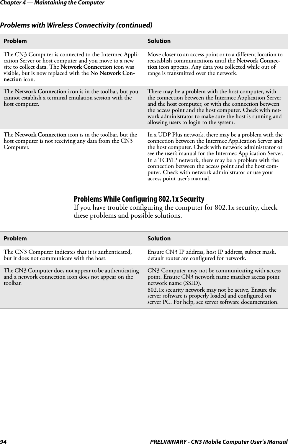 Chapter 4 — Maintaining the Computer94 PRELIMINARY - CN3 Mobile Computer User’s ManualProblems While Configuring 802.1x SecurityIf you have trouble configuring the computer for 802.1x security, check these problems and possible solutions.The CN3 Computer is connected to the Intermec Appli-cation Server or host computer and you move to a new site to collect data. The Network Connection icon was visible, but is now replaced with the No Network Con-nection icon.Move closer to an access point or to a different location to reestablish communications until the Network Connec-tion icon appears. Any data you collected while out of range is transmitted over the network.The Network Connection icon is in the toolbar, but you cannot establish a terminal emulation session with the host computer.There may be a problem with the host computer, with the connection between the Intermec Application Server and the host computer, or with the connection between the access point and the host computer. Check with net-work administrator to make sure the host is running and allowing users to login to the system.The Network Connection icon is in the toolbar, but the host computer is not receiving any data from the CN3 Computer.In a UDP Plus network, there may be a problem with the connection between the Intermec Application Server and the host computer. Check with network administrator or see the user’s manual for the Intermec Application Server.In a TCP/IP network, there may be a problem with the connection between the access point and the host com-puter. Check with network administrator or use your access point user’s manual.Problem SolutionThe CN3 Computer indicates that it is authenticated, but it does not communicate with the host.Ensure CN3 IP address, host IP address, subnet mask, default router are configured for network.The CN3 Computer does not appear to be authenticating and a network connection icon does not appear on the toolbar.CN3 Computer may not be communicating with access point. Ensure CN3 network name matches access point network name (SSID).802.1x security network may not be active. Ensure the server software is properly loaded and configured on server PC. For help, see server software documentation.Problems with Wireless Connectivity (continued)Problem Solution