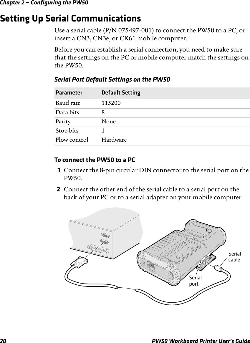 Chapter 2 — Configuring the PW5020 PW50 Workboard Printer User’s GuideSetting Up Serial CommunicationsUse a serial cable (P/N 075497-001) to connect the PW50 to a PC, or insert a CN3, CN3e, or CK61 mobile computer. Before you can establish a serial connection, you need to make sure that the settings on the PC or mobile computer match the settings on the PW50.To connect the PW50 to a PC1Connect the 8-pin circular DIN connector to the serial port on the PW50.2Connect the other end of the serial cable to a serial port on the back of your PC or to a serial adapter on your mobile computer.Serial Port Default Settings on the PW50Parameter Default SettingBaud rate 115200Data bits 8Parity NoneStop bits 1Flow control HardwareSerialcableSerialport