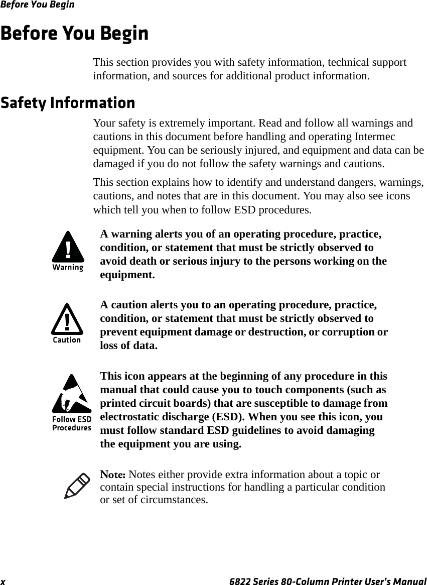 Before You Beginx 6822 Series 80-Column Printer User’s ManualBefore You Begin This section provides you with safety information, technical support information, and sources for additional product information.Safety Information Your safety is extremely important. Read and follow all warnings and cautions in this document before handling and operating Intermec equipment. You can be seriously injured, and equipment and data can be damaged if you do not follow the safety warnings and cautions.This section explains how to identify and understand dangers, warnings, cautions, and notes that are in this document. You may also see icons which tell you when to follow ESD procedures.A warning alerts you of an operating procedure, practice, condition, or statement that must be strictly observed to avoid death or serious injury to the persons working on the equipment.A caution alerts you to an operating procedure, practice, condition, or statement that must be strictly observed to prevent equipment damage or destruction, or corruption or loss of data.This icon appears at the beginning of any procedure in this manual that could cause you to touch components (such as printed circuit boards) that are susceptible to damage from electrostatic discharge (ESD). When you see this icon, you must follow standard ESD guidelines to avoid damaging the equipment you are using.Note: Notes either provide extra information about a topic or contain special instructions for handling a particular condition or set of circumstances.