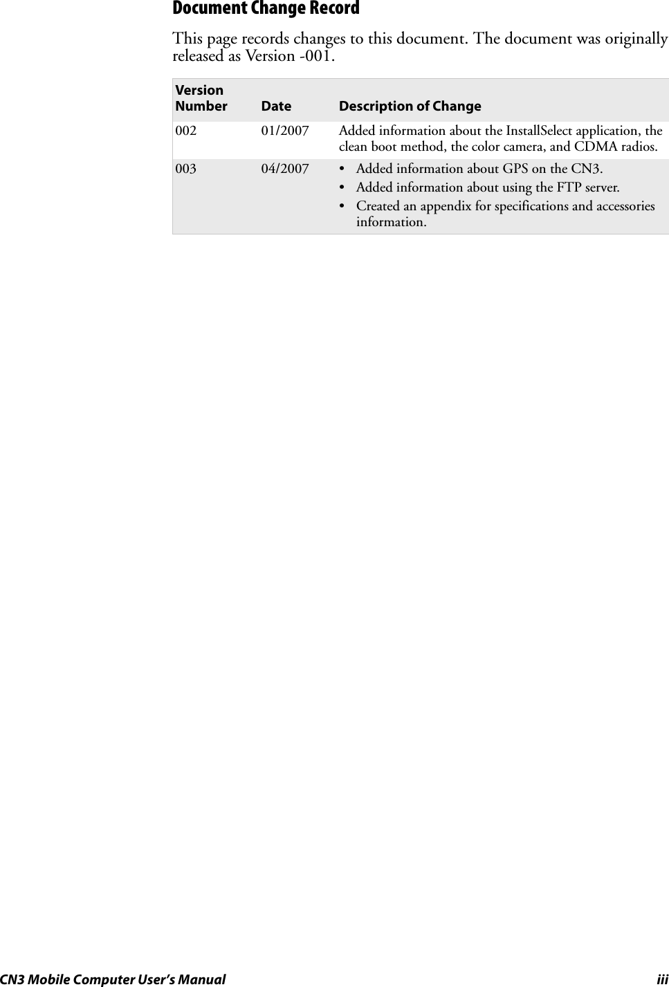 iiilaunaM s’resU retupmoC eliboM 3NCDocument Change RecordThis page records changes to this document. The document was originally released as Version -001.Version Number Date Description of Change002 01/2007 Added information about the InstallSelect application, the clean boot method, the color camera, and CDMA radios.003 04/2007 • Added information about GPS on the CN3.• Added information about using the FTP server.•Created an appendix for specifications and accessories information.