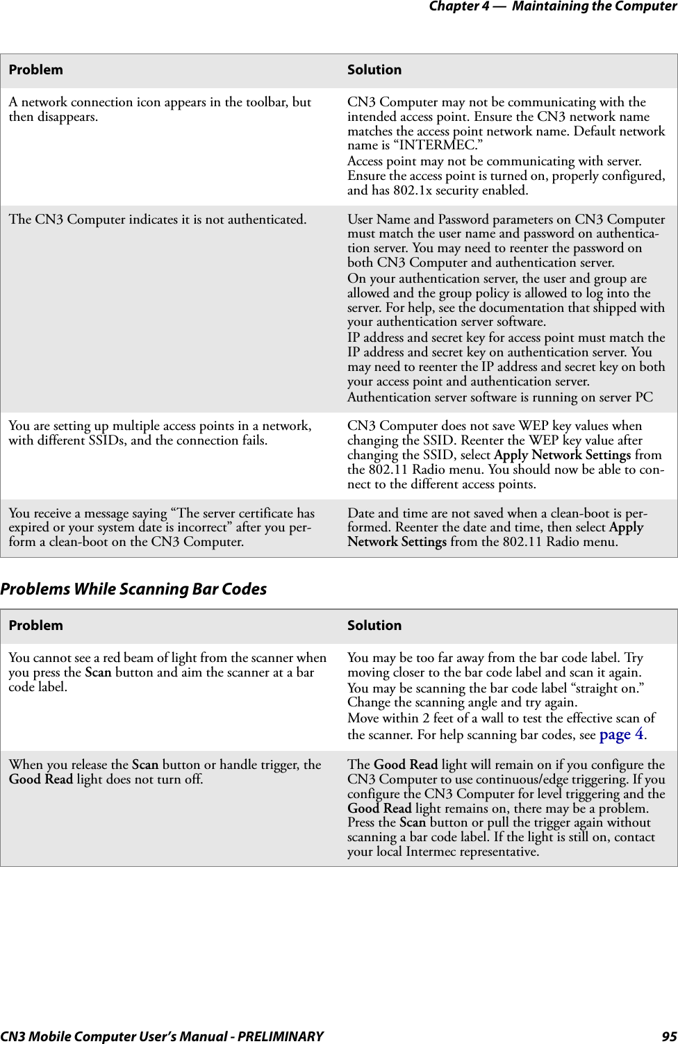 Chapter 4 —  Maintaining the ComputerCN3 Mobile Computer User’s Manual - PRELIMINARY 95A network connection icon appears in the toolbar, but then disappears.CN3 Computer may not be communicating with the intended access point. Ensure the CN3 network name matches the access point network name. Default network name is “INTERMEC.”Access point may not be communicating with server. Ensure the access point is turned on, properly configured, and has 802.1x security enabled.The CN3 Computer indicates it is not authenticated. User Name and Password parameters on CN3 Computer must match the user name and password on authentica-tion server. You may need to reenter the password on both CN3 Computer and authentication server.On your authentication server, the user and group are allowed and the group policy is allowed to log into the server. For help, see the documentation that shipped with your authentication server software.IP address and secret key for access point must match the IP address and secret key on authentication server. You may need to reenter the IP address and secret key on both your access point and authentication server.Authentication server software is running on server PCYou are setting up multiple access points in a network, with different SSIDs, and the connection fails.CN3 Computer does not save WEP key values when changing the SSID. Reenter the WEP key value after changing the SSID, select Apply Network Settings from the 802.11 Radio menu. You should now be able to con-nect to the different access points.You receive a message saying “The server certificate has expired or your system date is incorrect” after you per-form a clean-boot on the CN3 Computer.Date and time are not saved when a clean-boot is per-formed. Reenter the date and time, then select Apply Network Settings from the 802.11 Radio menu.Problems While Scanning Bar CodesProblem SolutionYou cannot see a red beam of light from the scanner when you press the Scan button and aim the scanner at a bar code label.You may be too far away from the bar code label. Try moving closer to the bar code label and scan it again.You may be scanning the bar code label “straight on.” Change the scanning angle and try again.Move within 2 feet of a wall to test the effective scan of the scanner. For help scanning bar codes, see page 4.When you release the Scan button or handle trigger, the Good Read light does not turn off.The Good Read light will remain on if you configure the CN3 Computer to use continuous/edge triggering. If you configure the CN3 Computer for level triggering and the Good Read light remains on, there may be a problem. Press the Scan button or pull the trigger again without scanning a bar code label. If the light is still on, contact your local Intermec representative.Problem Solution