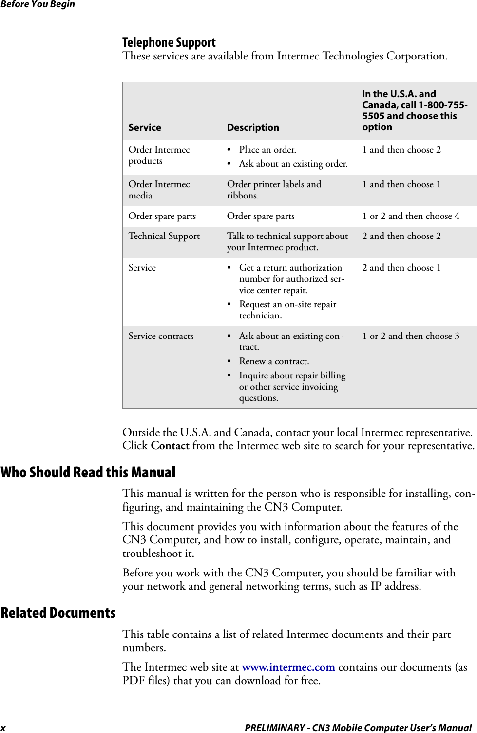 Before You Beginx PRELIMINARY - CN3 Mobile Computer User’s ManualTelephone SupportThese services are available from Intermec Technologies Corporation.Outside the U.S.A. and Canada, contact your local Intermec representative. Click Contact from the Intermec web site to search for your representative.Who Should Read this ManualThis manual is written for the person who is responsible for installing, con-figuring, and maintaining the CN3 Computer.This document provides you with information about the features of the CN3 Computer, and how to install, configure, operate, maintain, and troubleshoot it.Before you work with the CN3 Computer, you should be familiar with your network and general networking terms, such as IP address.Related DocumentsThis table contains a list of related Intermec documents and their part numbers.The Intermec web site at www.intermec.com contains our documents (as PDF files) that you can download for free.Service DescriptionIn the U.S.A. and Canada, call 1-800-755-5505 and choose this optionOrder Intermec products•Place an order.• Ask about an existing order.1 and then choose 2Order Intermec mediaOrder printer labels and ribbons.1 and then choose 1Order spare parts Order spare parts 1 or 2 and then choose 4Tec h nic a l Supp ort Talk to technical support about your Intermec product.2 and then choose 2Service • Get a return authorization number for authorized ser-vice center repair.• Request an on-site repair technician.2 and then choose 1Service contracts • Ask about an existing con-tract.• Renew a contract.• Inquire about repair billing or other service invoicing questions.1 or 2 and then choose 3