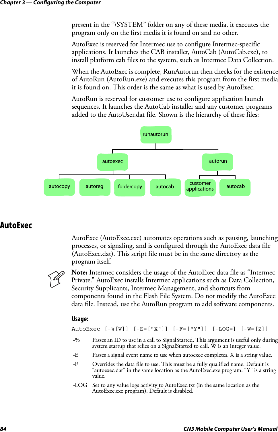 Chapter 3 — Configuring the Computer84 CN3 Mobile Computer User’s Manualpresent in the “\SYSTEM” folder on any of these media, it executes the program only on the first media it is found on and no other.AutoExec is reserved for Intermec use to configure Intermec-specific applications. It launches the CAB installer, AutoCab (AutoCab.exe), to install platform cab files to the system, such as Intermec Data Collection.When the AutoExec is complete, RunAutorun then checks for the existence of AutoRun (AutoRun.exe) and executes this program from the first media it is found on. This order is the same as what is used by AutoExec.AutoRun is reserved for customer use to configure application launch sequences. It launches the AutoCab installer and any customer programs added to the AutoUser.dat file. Shown is the hierarchy of these files:AutoExecAutoExec (AutoExec.exe) automates operations such as pausing, launching processes, or signaling, and is configured through the AutoExec data file (AutoExec.dat). This script file must be in the same directory as the program itself. Usage: AutoExec [-%[W]] [-E=[&quot;X&quot;]] [-F=[&quot;Y&quot;]] [-LOG=] [-W=[Z]]Note: Intermec considers the usage of the AutoExec data file as “Intermec Private.” AutoExec installs Intermec applications such as Data Collection, Security Supplicants, Intermec Management, and shortcuts from components found in the Flash File System. Do not modify the AutoExec data file. Instead, use the AutoRun program to add software components.-% Passes an ID to use in a call to SignalStarted. This argument is useful only during system startup that relies on a SignalStarted to call. W is an integer value.-E Passes a signal event name to use when autoexec completes. X is a string value.-F Overrides the data file to use. This must be a fully qualified name. Default is “autoexec.dat” in the same location as the AutoExec.exe program. “Y” is a string value.-LOG Set to any value logs activity to AutoExec.txt (in the same location as the AutoExec.exe program). Default is disabled.runautorunautorunautoexecautocopy autoreg foldercopy autocab customer  autocabapplications