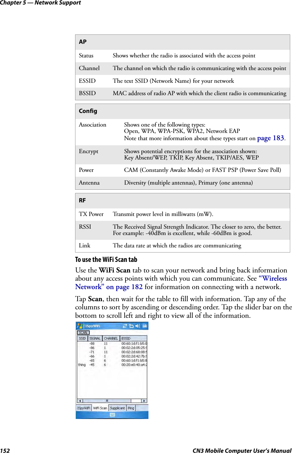 Chapter 5 — Network Support152 CN3 Mobile Computer User’s ManualTo use the WiFi Scan tabUse the WiFi Scan tab to scan your network and bring back information about any access points with which you can communicate. See “Wireless Network” on page 182 for information on connecting with a network.Tap Scan, then wait for the table to fill with information. Tap any of the columns to sort by ascending or descending order. Tap the slider bar on the bottom to scroll left and right to view all of the information.APStatus Shows whether the radio is associated with the access pointChannel The channel on which the radio is communicating with the access pointESSID The text SSID (Network Name) for your networkBSSID MAC address of radio AP with which the client radio is communicatingConfigAssociation Shows one of the following types:Open, WPA, WPA-PSK, WPA2, Network EAPNote that more information about these types start on page 183.Encrypt Shows potential encryptions for the association shown:Key Absent/WEP, TKIP, Key Absent, TKIP/AES, WEPPower CAM (Constantly Awake Mode) or FAST PSP (Power Save Poll)Antenna Diversity (multiple antennas), Primary (one antenna)RFTX Power Transmit power level in milliwatts (mW).RSSI The Received Signal Strength Indicator. The closer to zero, the better. For example: -40dBm is excellent, while -60dBm is good.Link The data rate at which the radios are communicating