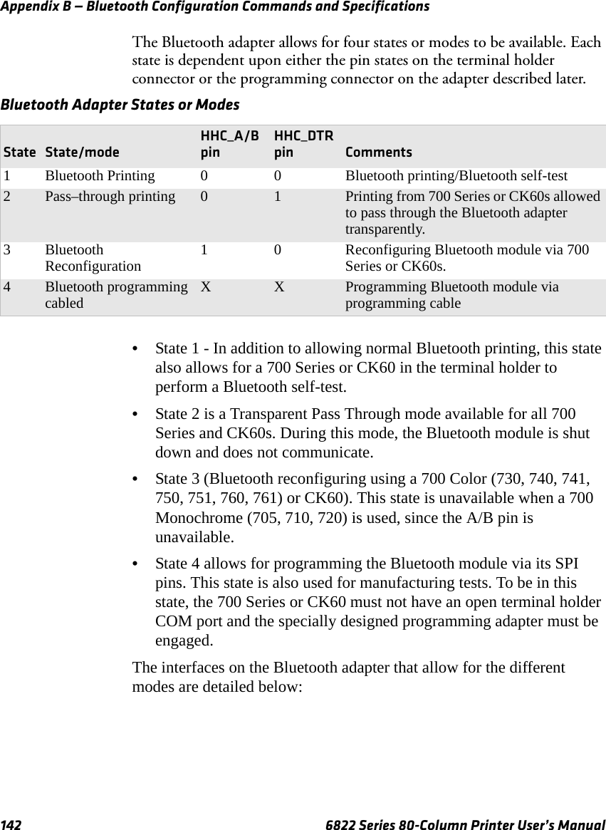 Appendix B — Bluetooth Configuration Commands and Specifications142 6822 Series 80-Column Printer User’s ManualThe Bluetooth adapter allows for four states or modes to be available. Each state is dependent upon either the pin states on the terminal holder connector or the programming connector on the adapter described later.•State 1 - In addition to allowing normal Bluetooth printing, this state also allows for a 700 Series or CK60 in the terminal holder to perform a Bluetooth self-test.•State 2 is a Transparent Pass Through mode available for all 700 Series and CK60s. During this mode, the Bluetooth module is shut down and does not communicate.•State 3 (Bluetooth reconfiguring using a 700 Color (730, 740, 741, 750, 751, 760, 761) or CK60). This state is unavailable when a 700 Monochrome (705, 710, 720) is used, since the A/B pin is unavailable.•State 4 allows for programming the Bluetooth module via its SPI pins. This state is also used for manufacturing tests. To be in this state, the 700 Series or CK60 must not have an open terminal holder COM port and the specially designed programming adapter must be engaged.The interfaces on the Bluetooth adapter that allow for the different modes are detailed below:Bluetooth Adapter States or ModesState State/modeHHC_A/B pinHHC_DTR pin Comments1 Bluetooth Printing 0 0 Bluetooth printing/Bluetooth self-test2Pass–through printing 0 1 Printing from 700 Series or CK60s allowed to pass through the Bluetooth adapter transparently.3 Bluetooth Reconfiguration 1 0 Reconfiguring Bluetooth module via 700 Series or CK60s.4Bluetooth programming cabled X X Programming Bluetooth module via programming cable