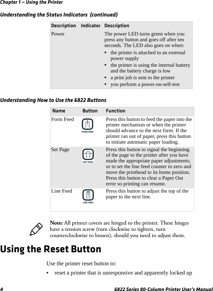 Chapter 1 — Using the Printer4 6822 Series 80-Column Printer User’s ManualUsing the Reset ButtonUse the printer reset button to:•reset a printer that is unresponsive and apparently locked upPower The power LED turns green when you press any button and goes off after ten seconds. The LED also goes on when:•the printer is attached to an external power supply•the printer is using the internal battery and the battery charge is low•a print job is sent to the printer•you perform a power-on-self-testUnderstanding How to Use the 6822 Buttons Name Button FunctionForm Feed Press this button to feed the paper into the printer mechanism or when the printer should advance to the next form. If the printer ran out of paper, press this button to initiate automatic paper loading.Set Page Press this button to signal the beginning of the page to the printer after you have made the appropriate paper adjustments; or to set the line feed counter to zero and move the printhead to its home position. Press this button to clear a Paper Out error so printing can resume.Line Feed Press this button to adjust the top of the paper to the next line.Note: All printer covers are hinged to the printer. These hinges have a tension screw (turn clockwise to tighten, turn counterclockwise to loosen), should you need to adjust them.Understanding the Status Indicators  (continued)Description Indicator DescriptionFORM FEEDSET PAGELINE FEED