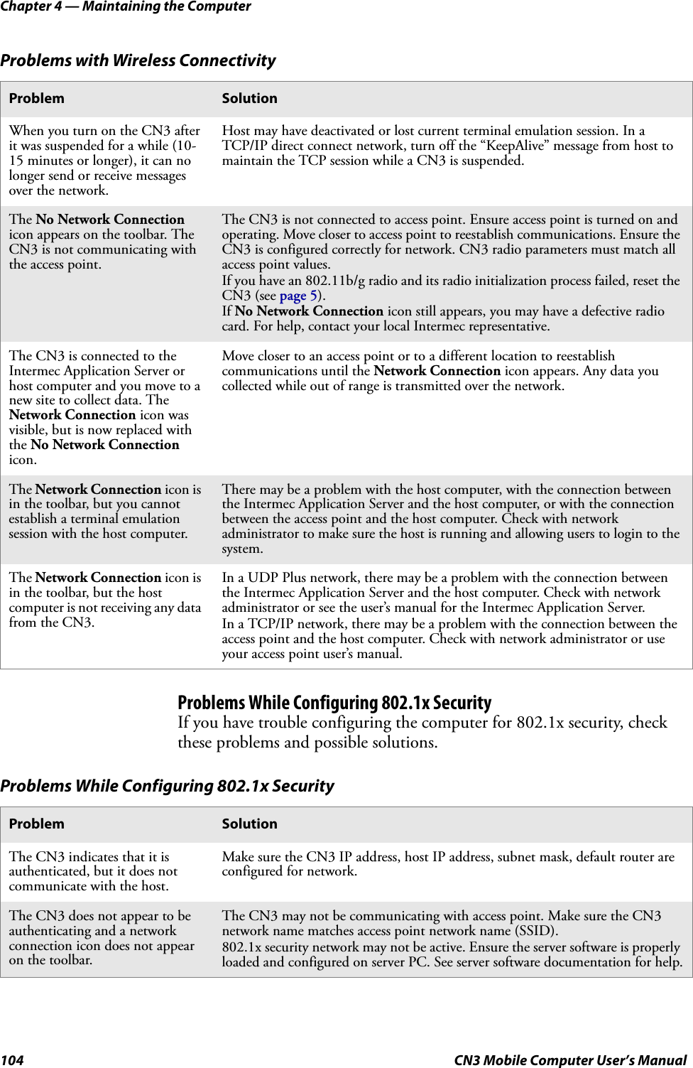 Chapter 4 — Maintaining the Computer104 CN3 Mobile Computer User’s ManualProblems While Configuring 802.1x SecurityIf you have trouble configuring the computer for 802.1x security, check these problems and possible solutions.Problems with Wireless ConnectivityProblem SolutionWhen you turn on the CN3 after it was suspended for a while (10-15 minutes or longer), it can no longer send or receive messages over the network.Host may have deactivated or lost current terminal emulation session. In a TCP/IP direct connect network, turn off the “KeepAlive” message from host to maintain the TCP session while a CN3 is suspended.The No Network Connection icon appears on the toolbar. The CN3 is not communicating with the access point.The CN3 is not connected to access point. Ensure access point is turned on and operating. Move closer to access point to reestablish communications. Ensure the CN3 is configured correctly for network. CN3 radio parameters must match all access point values. If you have an 802.11b/g radio and its radio initialization process failed, reset the CN3 (see page 5).If No Network Connection icon still appears, you may have a defective radio card. For help, contact your local Intermec representative.The CN3 is connected to the Intermec Application Server or host computer and you move to a new site to collect data. The Network Connection icon was visible, but is now replaced with the No Network Connection icon.Move closer to an access point or to a different location to reestablish communications until the Network Connection icon appears. Any data you collected while out of range is transmitted over the network.The Network Connection icon is in the toolbar, but you cannot establish a terminal emulation session with the host computer.There may be a problem with the host computer, with the connection between the Intermec Application Server and the host computer, or with the connection between the access point and the host computer. Check with network administrator to make sure the host is running and allowing users to login to the system.The Network Connection icon is in the toolbar, but the host computer is not receiving any data from the CN3.In a UDP Plus network, there may be a problem with the connection between the Intermec Application Server and the host computer. Check with network administrator or see the user’s manual for the Intermec Application Server.In a TCP/IP network, there may be a problem with the connection between the access point and the host computer. Check with network administrator or use your access point user’s manual.Problems While Configuring 802.1x SecurityProblem SolutionThe CN3 indicates that it is authenticated, but it does not communicate with the host.Make sure the CN3 IP address, host IP address, subnet mask, default router are configured for network.The CN3 does not appear to be authenticating and a network connection icon does not appear on the toolbar.The CN3 may not be communicating with access point. Make sure the CN3 network name matches access point network name (SSID).802.1x security network may not be active. Ensure the server software is properly loaded and configured on server PC. See server software documentation for help.