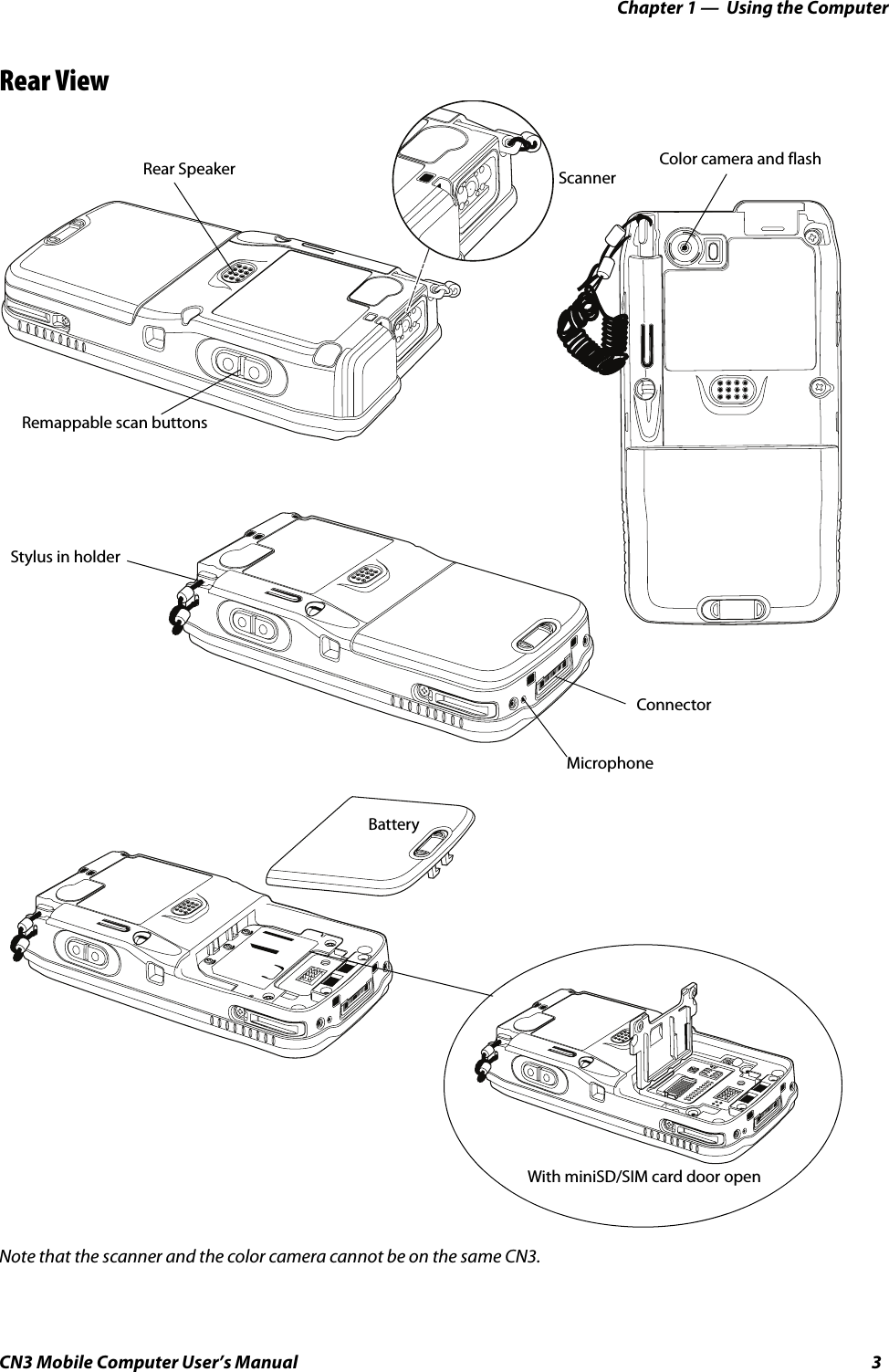 Chapter 1 —  Using the ComputerCN3 Mobile Computer User’s Manual 3Rear ViewNote that the scanner and the color camera cannot be on the same CN3.ScannerWith miniSD/SIM card door openBatteryColor camera and flashRemappable scan buttonsRear SpeakerMicrophoneConnectorStylus in holder