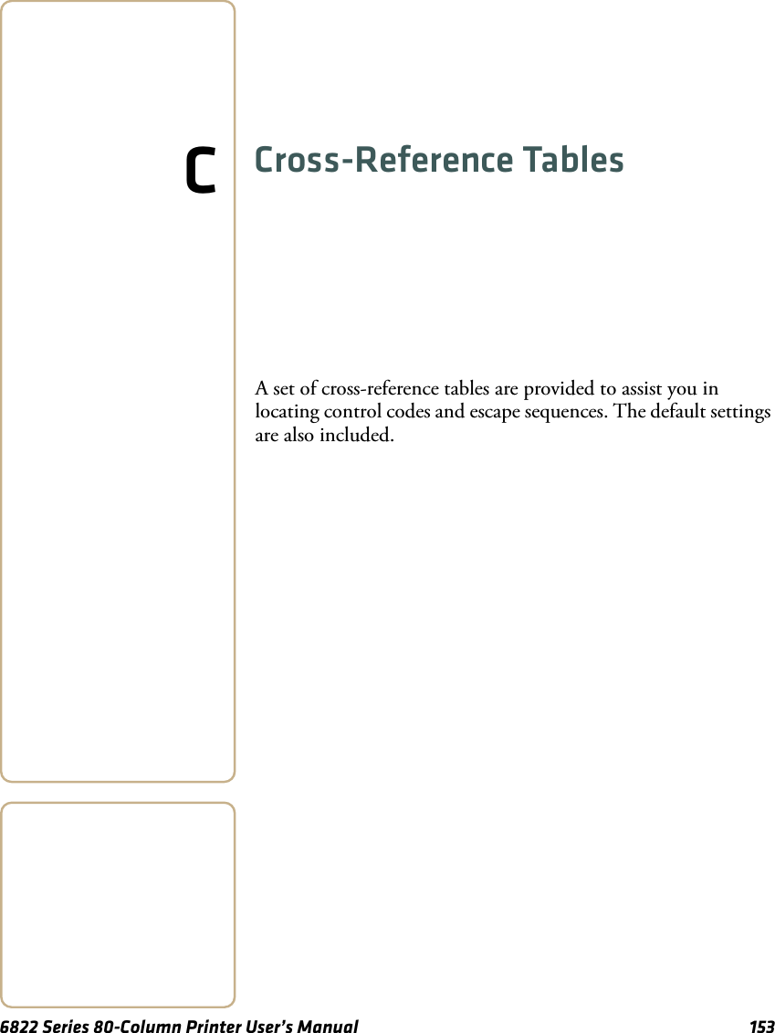 6822 Series 80-Column Printer User’s Manual 153CCross-Reference TablesA set of cross-reference tables are provided to assist you in locating control codes and escape sequences. The default settings are also included.