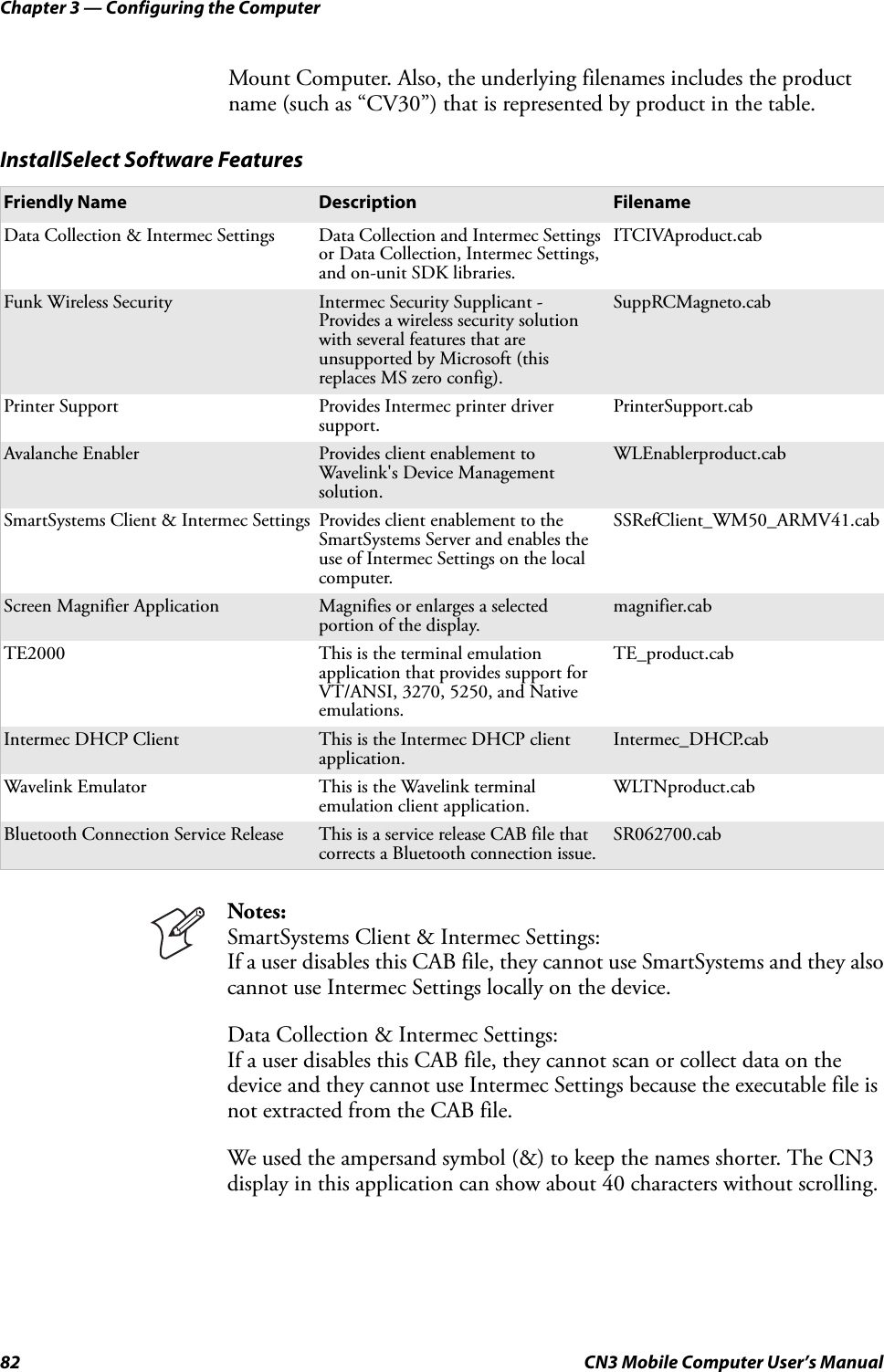 Chapter 3 — Configuring the Computer82 CN3 Mobile Computer User’s ManualMount Computer. Also, the underlying filenames includes the product name (such as “CV30”) that is represented by product in the table.InstallSelect Software FeaturesFriendly Name Description FilenameData Collection &amp; Intermec Settings Data Collection and Intermec Settings or Data Collection, Intermec Settings, and on-unit SDK libraries.ITCIVAproduct.cabFunk Wireless Security Intermec Security Supplicant - Provides a wireless security solution with several features that are unsupported by Microsoft (this replaces MS zero config).SuppRCMagneto.cabPrinter Support Provides Intermec printer driver support.PrinterSupport.cabAvalanche Enabler Provides client enablement to Wavelink&apos;s Device Management solution.WLEnablerproduct.cabSmartSystems Client &amp; Intermec Settings Provides client enablement to the SmartSystems Server and enables the use of Intermec Settings on the local computer.SSRefClient_WM50_ARMV41.cabScreen Magnifier Application Magnifies or enlarges a selected portion of the display.magnifier.cabTE2000 This is the terminal emulation application that provides support for VT/ANSI, 3270, 5250, and Native emulations.TE_product.cabIntermec DHCP Client This is the Intermec DHCP client application.Intermec_DHCP.cabWavelink Emulator This is the Wavelink terminal emulation client application.WLTNproduct.cabBluetooth Connection Service Release This is a service release CAB file that corrects a Bluetooth connection issue.SR062700.cabNotes: SmartSystems Client &amp; Intermec Settings: If a user disables this CAB file, they cannot use SmartSystems and they also cannot use Intermec Settings locally on the device.Data Collection &amp; Intermec Settings: If a user disables this CAB file, they cannot scan or collect data on the device and they cannot use Intermec Settings because the executable file is not extracted from the CAB file.We used the ampersand symbol (&amp;) to keep the names shorter. The CN3 display in this application can show about 40 characters without scrolling.