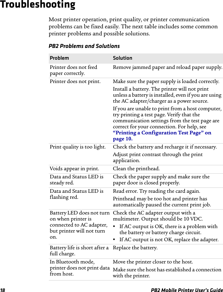 18 PB2 Mobile Printer User’s GuideTroubleshootingMost printer operation, print quality, or printer communication problems can be fixed easily. The next table includes some common printer problems and possible solutions.PB2 Problems and Solutions Problem SolutionPrinter does not feed paper correctly.Remove jammed paper and reload paper supply.Printer does not print. Make sure the paper supply is loaded correctly.Install a battery. The printer will not print unless a battery is installed, even if you are using the AC adapter/charger as a power source.If you are unable to print from a host computer, try printing a test page. Verify that the communication settings from the test page are correct for your connection. For help, see “Printing a Configuration Test Page” on page 10.Print quality is too light. Check the battery and recharge it if necessary.Adjust print contrast through the print application.Voids appear in print. Clean the printhead.Data and Status LED is steady red.Check the paper supply and make sure the paper door is closed properly.Data and Status LED is flashing red.Read error. Try reading the card again.Printhead may be too hot and printer has automatically paused the current print job.Battery LED does not turn on when printer is connected to AC adapter, but printer will not turn on.Check the AC adapter output with a multimeter. Output should be 10 VDC.•If AC output is OK, there is a problem with the battery or battery charge circuit.•If AC output is not OK, replace the adapter.Battery life is short after a full charge.Replace the battery.In Bluetooth mode, printer does not print data from host.Move the printer closer to the host.Make sure the host has established a connection with the printer.