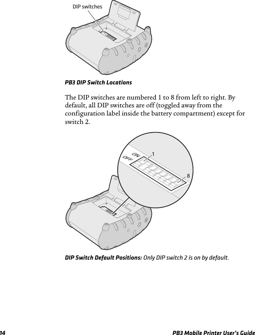 14 PB3 Mobile Printer User’s GuidePB3 DIP Switch LocationsThe DIP switches are numbered 1 to 8 from left to right. By default, all DIP switches are off (toggled away from the configuration label inside the battery compartment) except for switch 2.DIP Switch Default Positions: Only DIP switch 2 is on by default.DIP switchesONOFF18