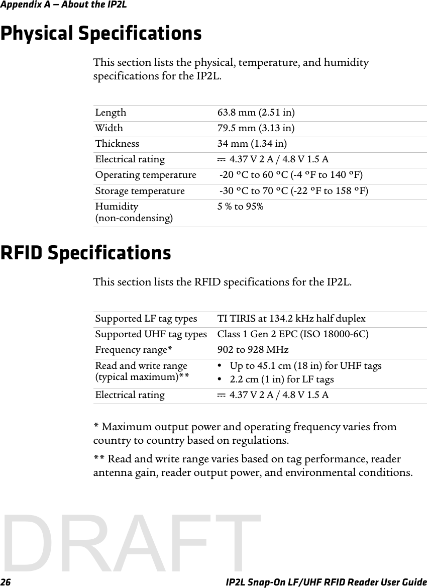 Appendix A — About the IP2L26 IP2L Snap-On LF/UHF RFID Reader User GuidePhysical SpecificationsThis section lists the physical, temperature, and humidity specifications for the IP2L.RFID SpecificationsThis section lists the RFID specifications for the IP2L.* Maximum output power and operating frequency varies from country to country based on regulations.** Read and write range varies based on tag performance, reader antenna gain, reader output power, and environmental conditions.Length 63.8 mm (2.51 in)Width 79.5 mm (3.13 in)Thickness 34 mm (1.34 in)Electrical rating x 4.37 V 2 A / 4.8 V 1.5 AOperating temperature  -20 ºC to 60 ºC (-4 ºF to 140 ºF)Storage temperature  -30 ºC to 70 ºC (-22 ºF to 158 ºF)Humidity(non-condensing)5 % to 95%Supported LF tag types TI TIRIS at 134.2 kHz half duplexSupported UHF tag types Class 1 Gen 2 EPC (ISO 18000-6C)Frequency range* 902 to 928 MHzRead and write range (typical maximum)**•Up to 45.1 cm (18 in) for UHF tags•2.2 cm (1 in) for LF tagsElectrical rating x 4.37 V 2 A / 4.8 V 1.5 ADRAFT