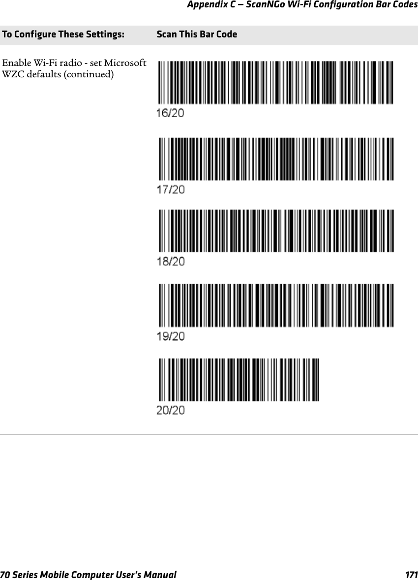 Appendix C — ScanNGo Wi-Fi Configuration Bar Codes70 Series Mobile Computer User’s Manual 171Enable Wi-Fi radio - set Microsoft WZC defaults (continued)To Configure These Settings: Scan This Bar Code