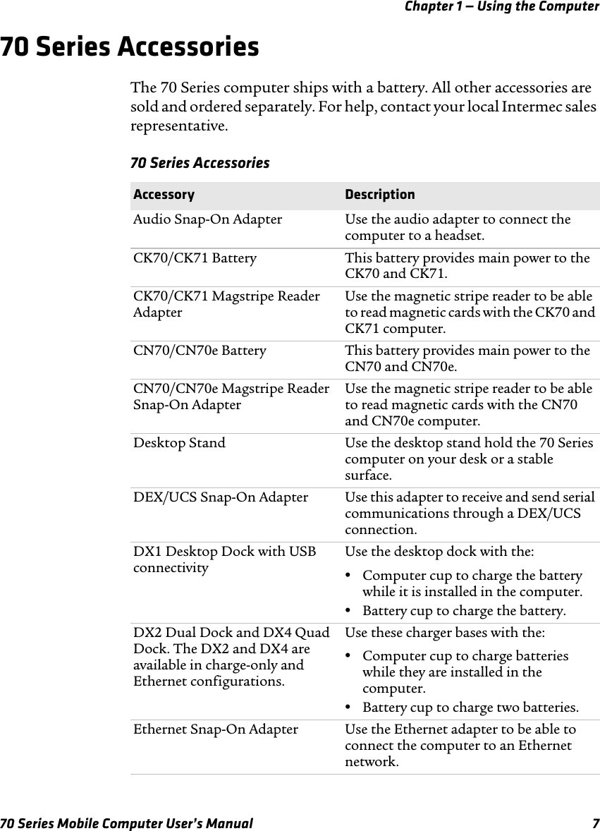 Chapter 1 — Using the Computer70 Series Mobile Computer User’s Manual 770 Series AccessoriesThe 70 Series computer ships with a battery. All other accessories are sold and ordered separately. For help, contact your local Intermec sales representative.70 Series AccessoriesAccessory DescriptionAudio Snap-On Adapter  Use the audio adapter to connect the computer to a headset.CK70/CK71 Battery  This battery provides main power to the CK70 and CK71.CK70/CK71 Magstripe Reader AdapterUse the magnetic stripe reader to be able to read magnetic cards with the CK70 and CK71 computer.CN70/CN70e Battery  This battery provides main power to the CN70 and CN70e.CN70/CN70e Magstripe Reader Snap-On Adapter Use the magnetic stripe reader to be able to read magnetic cards with the CN70 and CN70e computer.Desktop Stand Use the desktop stand hold the 70 Series computer on your desk or a stable surface.DEX/UCS Snap-On Adapter  Use this adapter to receive and send serial communications through a DEX/UCS connection.DX1 Desktop Dock with USB connectivityUse the desktop dock with the: •Computer cup to charge the battery while it is installed in the computer.•Battery cup to charge the battery.DX2 Dual Dock and DX4 Quad Dock. The DX2 and DX4 are available in charge-only and Ethernet configurations.Use these charger bases with the: •Computer cup to charge batteries while they are installed in the computer.•Battery cup to charge two batteries.Ethernet Snap-On Adapter Use the Ethernet adapter to be able to connect the computer to an Ethernet network.