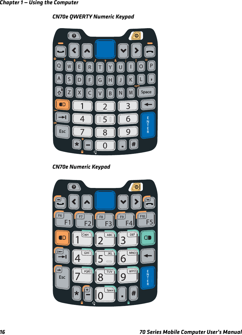 Chapter 1 — Using the Computer16 70 Series Mobile Computer User’s ManualCN70e QWERTY Numeric KeypadCN70e Numeric KeypadENTER1234567809EscSpaceFDSAGHJKLREQTY IOPUCXZVBNMW147369CapsABCDEFGHIJKLMNOPQRSTUVSpaceWXYZF1 F2 F3 F4 F5EscENTER2580F6 F7 F8 F9 F10