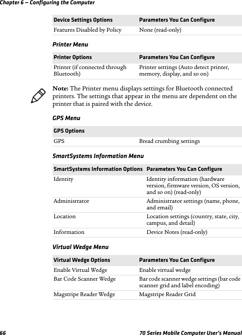 Chapter 6 — Configuring the Computer66 70 Series Mobile Computer User’s ManualPrinter MenuGPS MenuSmartSystems Information Menu Virtual Wedge MenuFeatures Disabled by Policy None (read-only)Printer Options Parameters You Can ConfigurePrinter (if connected through Bluetooth)Printer settings (Auto detect printer, memory, display, and so on)Device Settings Options Parameters You Can ConfigureNote: The Printer menu displays settings for Bluetooth connected printers. The settings that appear in the menu are dependent on the printer that is paired with the device.GPS OptionsGPS Bread crumbing settingsSmartSystems Information Options Parameters You Can ConfigureIdentity Identity information (hardware version, firmware version, OS version, and so on) (read-only)Administrator Administrator settings (name, phone, and email)Location Location settings (country, state, city, campus, and detail)Information Device Notes (read-only)Virtual Wedge Options Parameters You Can ConfigureEnable Virtual Wedge Enable virtual wedgeBar Code Scanner Wedge Bar code scanner wedge settings (bar code scanner grid and label encoding)Magstripe Reader Wedge Magstripe Reader Grid