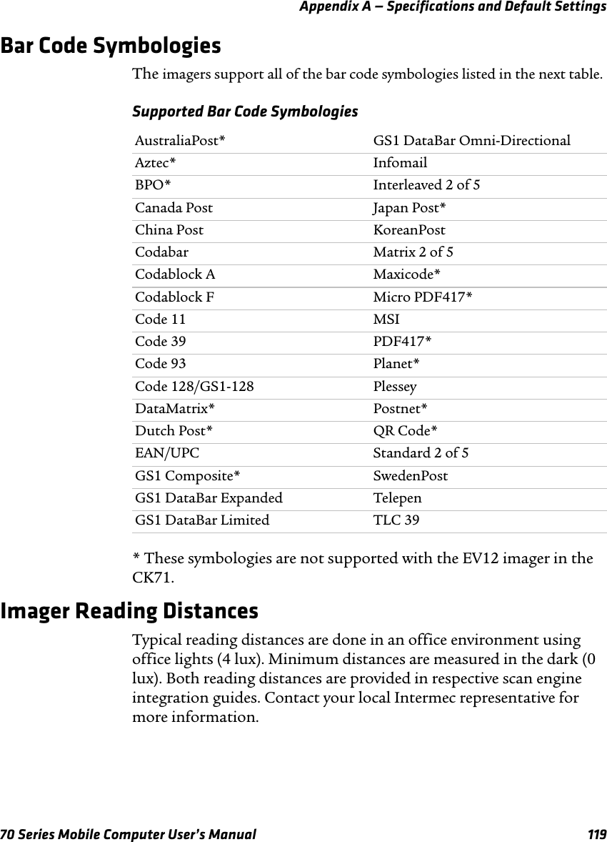 Appendix A — Specifications and Default Settings70 Series Mobile Computer User’s Manual 119Bar Code SymbologiesThe imagers support all of the bar code symbologies listed in the next table.Supported Bar Code Symbologies* These symbologies are not supported with the EV12 imager in the CK71.Imager Reading DistancesTypical reading distances are done in an office environment using office lights (4 lux). Minimum distances are measured in the dark (0 lux). Both reading distances are provided in respective scan engine integration guides. Contact your local Intermec representative for more information.AustraliaPost* GS1 DataBar Omni-DirectionalAztec* InfomailBPO* Interleaved 2 of 5Canada Post Japan Post*China Post KoreanPostCodabar Matrix 2 of 5Codablock A Maxicode*Codablock F Micro PDF417*Code 11 MSICode 39 PDF417*Code 93 Planet*Code 128/GS1-128 PlesseyDataMatrix* Postnet*Dutch Post* QR Code*EAN/UPC Standard 2 of 5GS1 Composite* SwedenPostGS1 DataBar Expanded TelepenGS1 DataBar Limited TLC 39