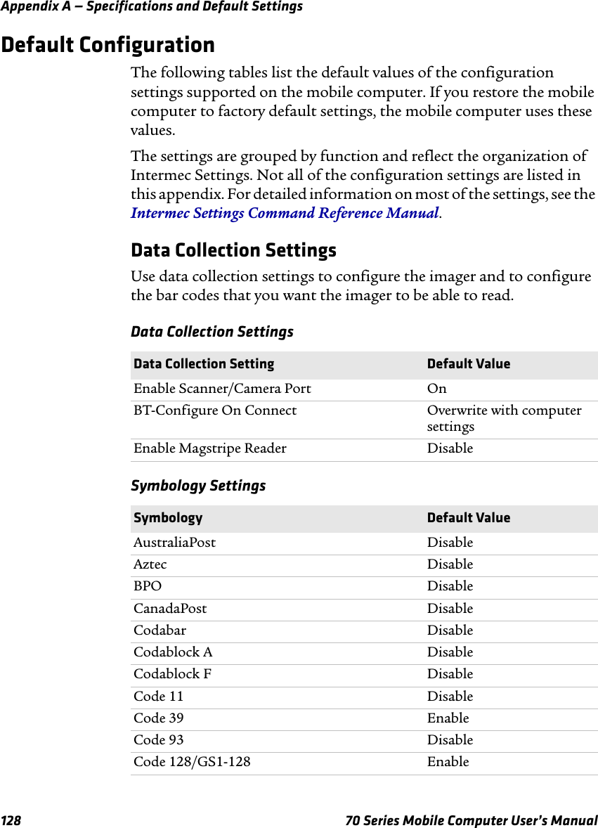 Appendix A — Specifications and Default Settings128 70 Series Mobile Computer User’s ManualDefault ConfigurationThe following tables list the default values of the configuration settings supported on the mobile computer. If you restore the mobile computer to factory default settings, the mobile computer uses these values.The settings are grouped by function and reflect the organization of Intermec Settings. Not all of the configuration settings are listed in this appendix. For detailed information on most of the settings, see the Intermec Settings Command Reference Manual.Data Collection SettingsUse data collection settings to configure the imager and to configure the bar codes that you want the imager to be able to read.Data Collection SettingsSymbology SettingsData Collection Setting Default ValueEnable Scanner/Camera Port OnBT-Configure On Connect Overwrite with computer settingsEnable Magstripe Reader DisableSymbology Default ValueAustraliaPost DisableAztec DisableBPO DisableCanadaPost DisableCodabar DisableCodablock A DisableCodablock F DisableCode 11 DisableCode 39 EnableCode 93 DisableCode 128/GS1-128 Enable