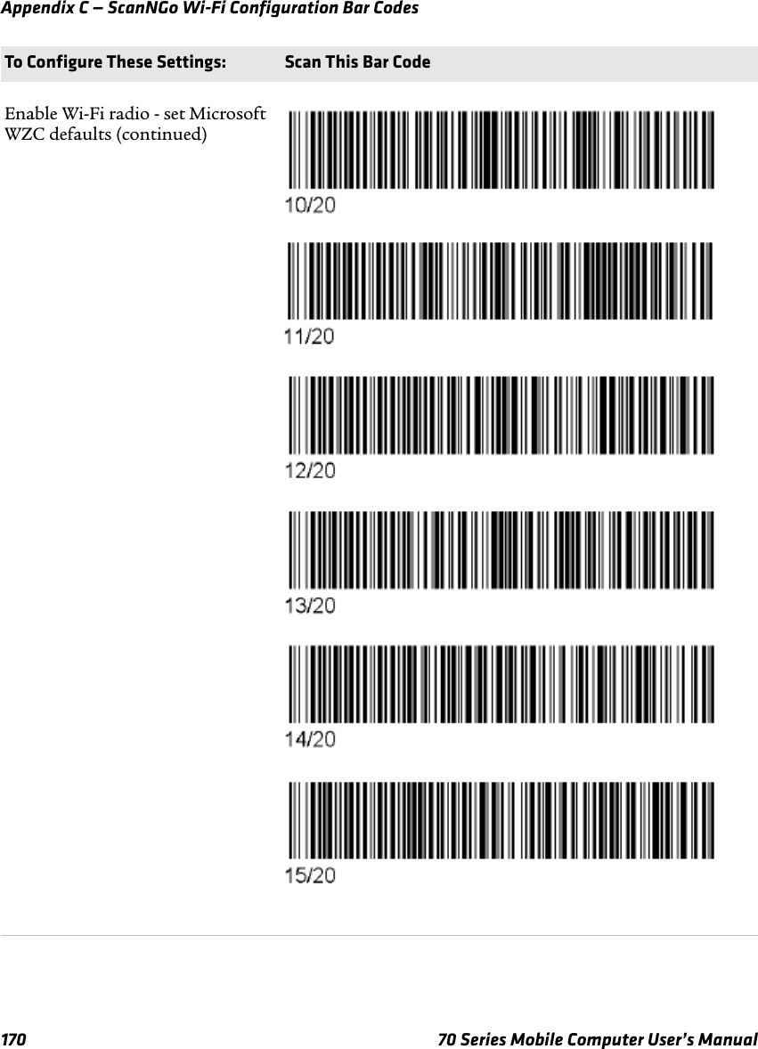 Appendix C — ScanNGo Wi-Fi Configuration Bar Codes170 70 Series Mobile Computer User’s ManualEnable Wi-Fi radio - set Microsoft WZC defaults (continued)To Configure These Settings: Scan This Bar Code