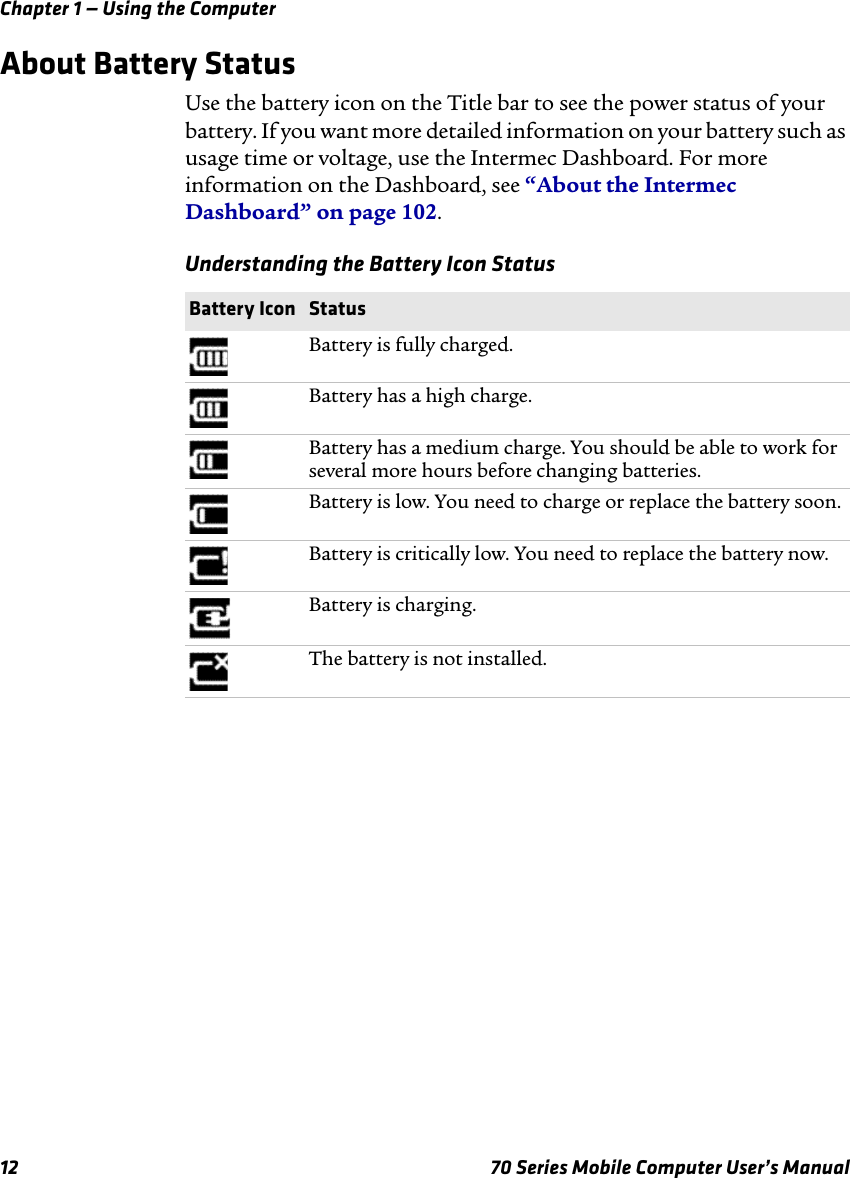 Chapter 1 — Using the Computer12 70 Series Mobile Computer User’s ManualAbout Battery StatusUse the battery icon on the Title bar to see the power status of your battery. If you want more detailed information on your battery such as usage time or voltage, use the Intermec Dashboard. For more information on the Dashboard, see “About the Intermec Dashboard” on page 102.Understanding the Battery Icon StatusBattery Icon StatusBattery is fully charged.Battery has a high charge. Battery has a medium charge. You should be able to work for several more hours before changing batteries.Battery is low. You need to charge or replace the battery soon.Battery is critically low. You need to replace the battery now.Battery is charging.The battery is not installed.