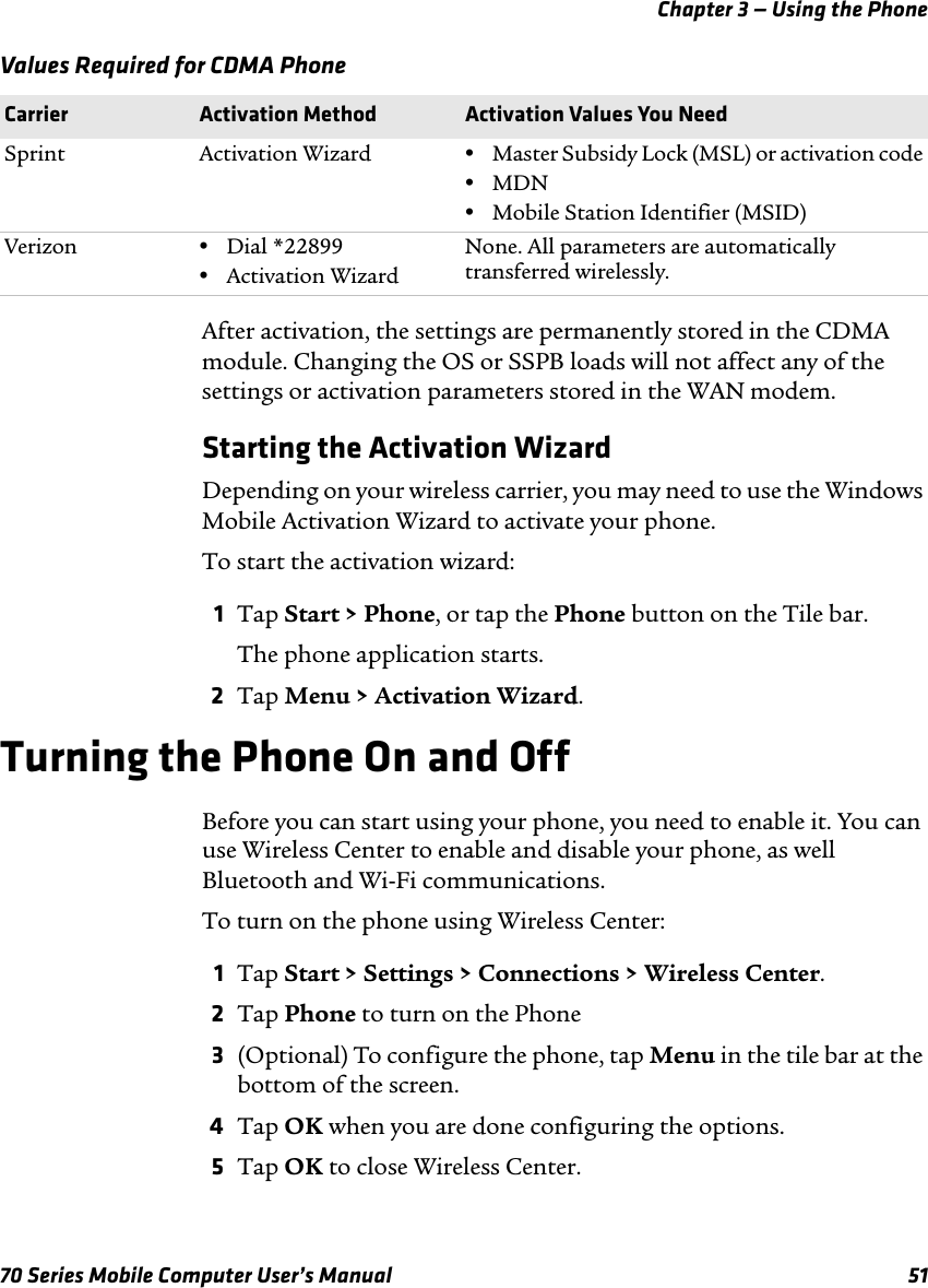 Chapter 3 — Using the Phone70 Series Mobile Computer User’s Manual 51Values Required for CDMA PhoneAfter activation, the settings are permanently stored in the CDMA module. Changing the OS or SSPB loads will not affect any of the settings or activation parameters stored in the WAN modem.Starting the Activation WizardDepending on your wireless carrier, you may need to use the Windows Mobile Activation Wizard to activate your phone.To start the activation wizard:1Tap Start &gt; Phone, or tap the Phone button on the Tile bar.The phone application starts.2Tap Menu &gt; Activation Wizard.Turning the Phone On and OffBefore you can start using your phone, you need to enable it. You can use Wireless Center to enable and disable your phone, as well Bluetooth and Wi-Fi communications.To turn on the phone using Wireless Center:1Tap Start &gt; Settings &gt; Connections &gt; Wireless Center.2Tap Phone to turn on the Phone3(Optional) To configure the phone, tap Menu in the tile bar at the bottom of the screen.4Tap OK when you are done configuring the options. 5Tap OK to close Wireless Center.Carrier Activation Method Activation Values You NeedSprint Activation Wizard •Master Subsidy Lock (MSL) or activation code•MDN•Mobile Station Identifier (MSID)Verizon •Dial *22899•Activation WizardNone. All parameters are automatically transferred wirelessly.