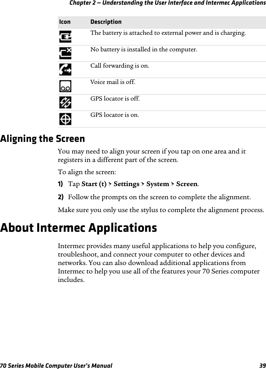 Chapter 2 — Understanding the User Interface and Intermec Applications70 Series Mobile Computer User’s Manual 39Aligning the ScreenYou may need to align your screen if you tap on one area and it registers in a different part of the screen. To align the screen:1) Tap Start (t) &gt; Settings &gt; System &gt; Screen.2) Follow the prompts on the screen to complete the alignment.Make sure you only use the stylus to complete the alignment process.About Intermec ApplicationsIntermec provides many useful applications to help you configure, troubleshoot, and connect your computer to other devices and networks. You can also download additional applications from Intermec to help you use all of the features your 70 Series computer includes.The battery is attached to external power and is charging.No battery is installed in the computer.Call forwarding is on.Voice mail is off.GPS locator is off.GPS locator is on.Icon Description