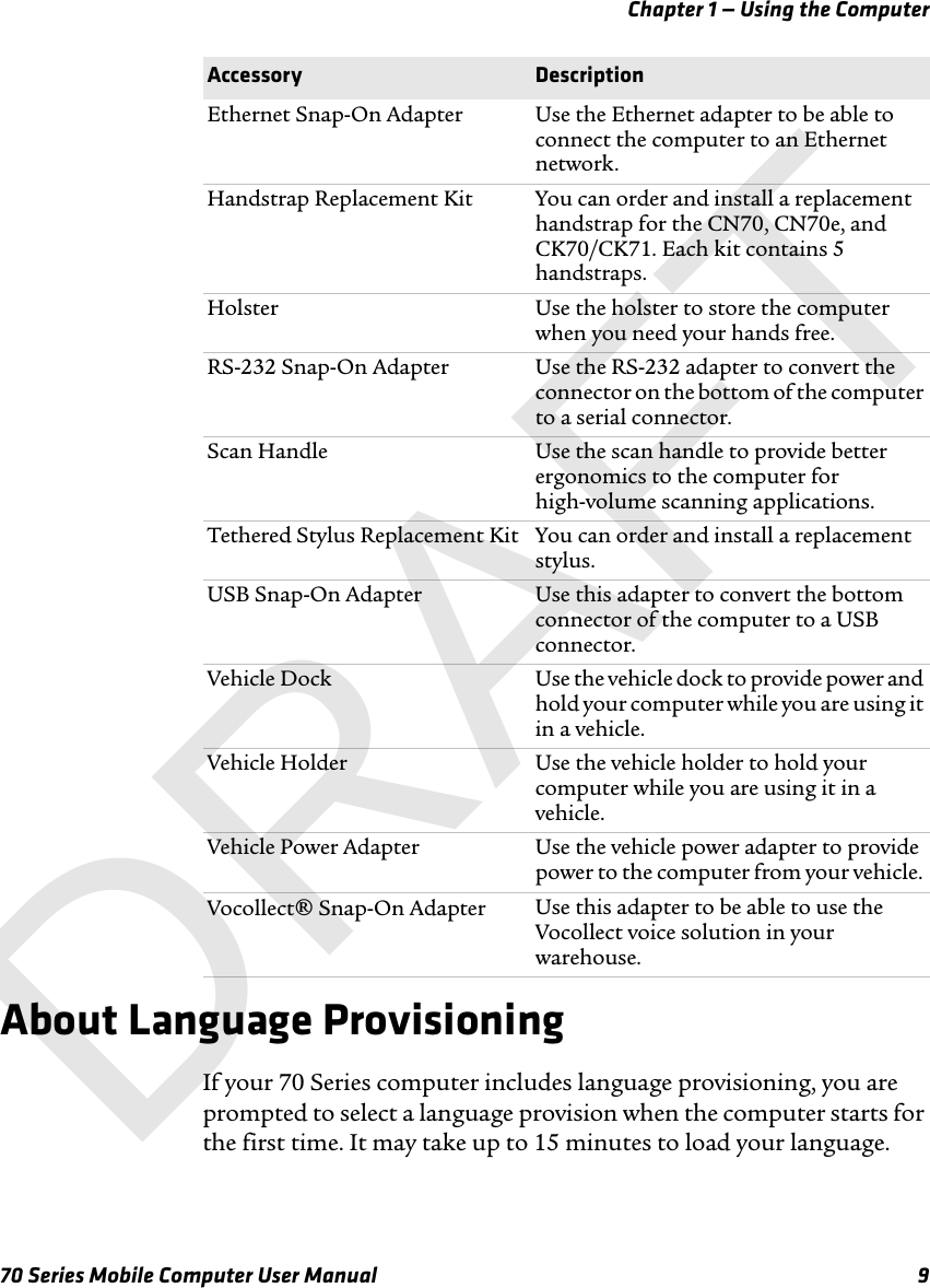 Chapter 1 — Using the Computer70 Series Mobile Computer User Manual 9About Language ProvisioningIf your 70 Series computer includes language provisioning, you are prompted to select a language provision when the computer starts for the first time. It may take up to 15 minutes to load your language.Ethernet Snap-On Adapter Use the Ethernet adapter to be able to connect the computer to an Ethernet network.Handstrap Replacement Kit You can order and install a replacement handstrap for the CN70, CN70e, and CK70/CK71. Each kit contains 5 handstraps.Holster Use the holster to store the computer when you need your hands free.RS-232 Snap-On Adapter Use the RS-232 adapter to convert the connector on the bottom of the computer to a serial connector.Scan Handle Use the scan handle to provide better ergonomics to the computer for high-volume scanning applications.Tethered Stylus Replacement Kit You can order and install a replacement stylus.USB Snap-On Adapter Use this adapter to convert the bottom connector of the computer to a USB connector.Vehicle Dock Use the vehicle dock to provide power and hold your computer while you are using it in a vehicle.Vehicle Holder Use the vehicle holder to hold your computer while you are using it in a vehicle.Vehicle Power Adapter Use the vehicle power adapter to provide power to the computer from your vehicle. Vocollect® Snap-On Adapter  Use this adapter to be able to use the Vocollect voice solution in your warehouse.Accessory DescriptionDRAFT