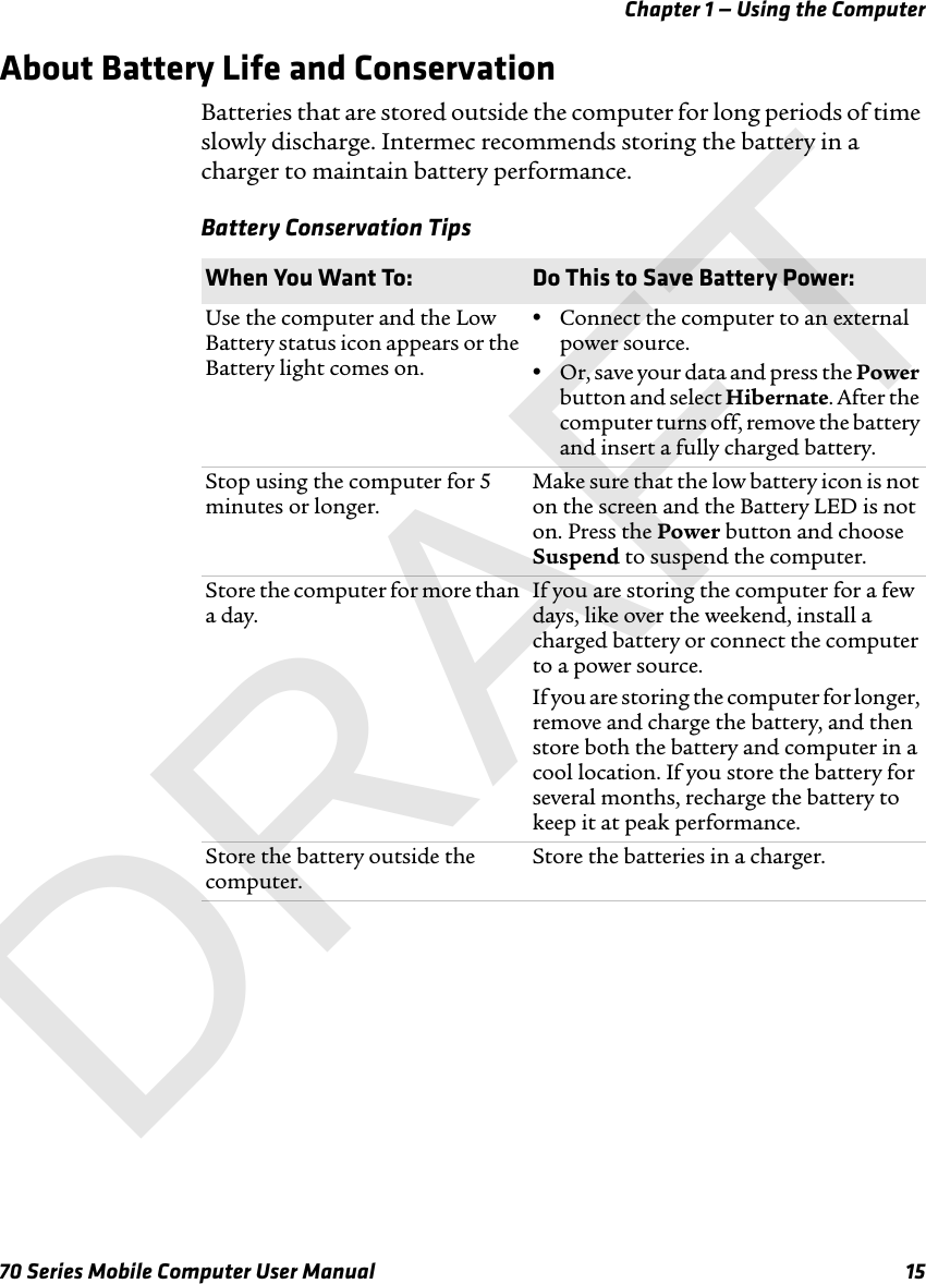 Chapter 1 — Using the Computer70 Series Mobile Computer User Manual 15About Battery Life and ConservationBatteries that are stored outside the computer for long periods of time slowly discharge. Intermec recommends storing the battery in a charger to maintain battery performance.Battery Conservation TipsWhen You Want To: Do This to Save Battery Power:Use the computer and the Low Battery status icon appears or the Battery light comes on.•Connect the computer to an external power source.•Or, save your data and press the Power button and select Hibernate. After the computer turns off, remove the battery and insert a fully charged battery.Stop using the computer for 5 minutes or longer.Make sure that the low battery icon is not on the screen and the Battery LED is not on. Press the Power button and choose Suspend to suspend the computer.Store the computer for more than a day.If you are storing the computer for a few days, like over the weekend, install a charged battery or connect the computer to a power source.If you are storing the computer for longer, remove and charge the battery, and then store both the battery and computer in a cool location. If you store the battery for several months, recharge the battery to keep it at peak performance.Store the battery outside the computer.Store the batteries in a charger.DRAFT