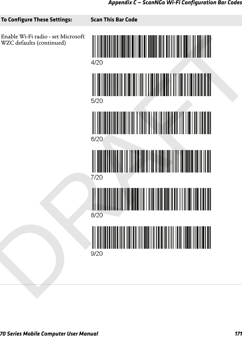 Appendix C — ScanNGo Wi-Fi Configuration Bar Codes70 Series Mobile Computer User Manual 171Enable Wi-Fi radio - set Microsoft WZC defaults (continued)To Configure These Settings: Scan This Bar CodeDRAFT