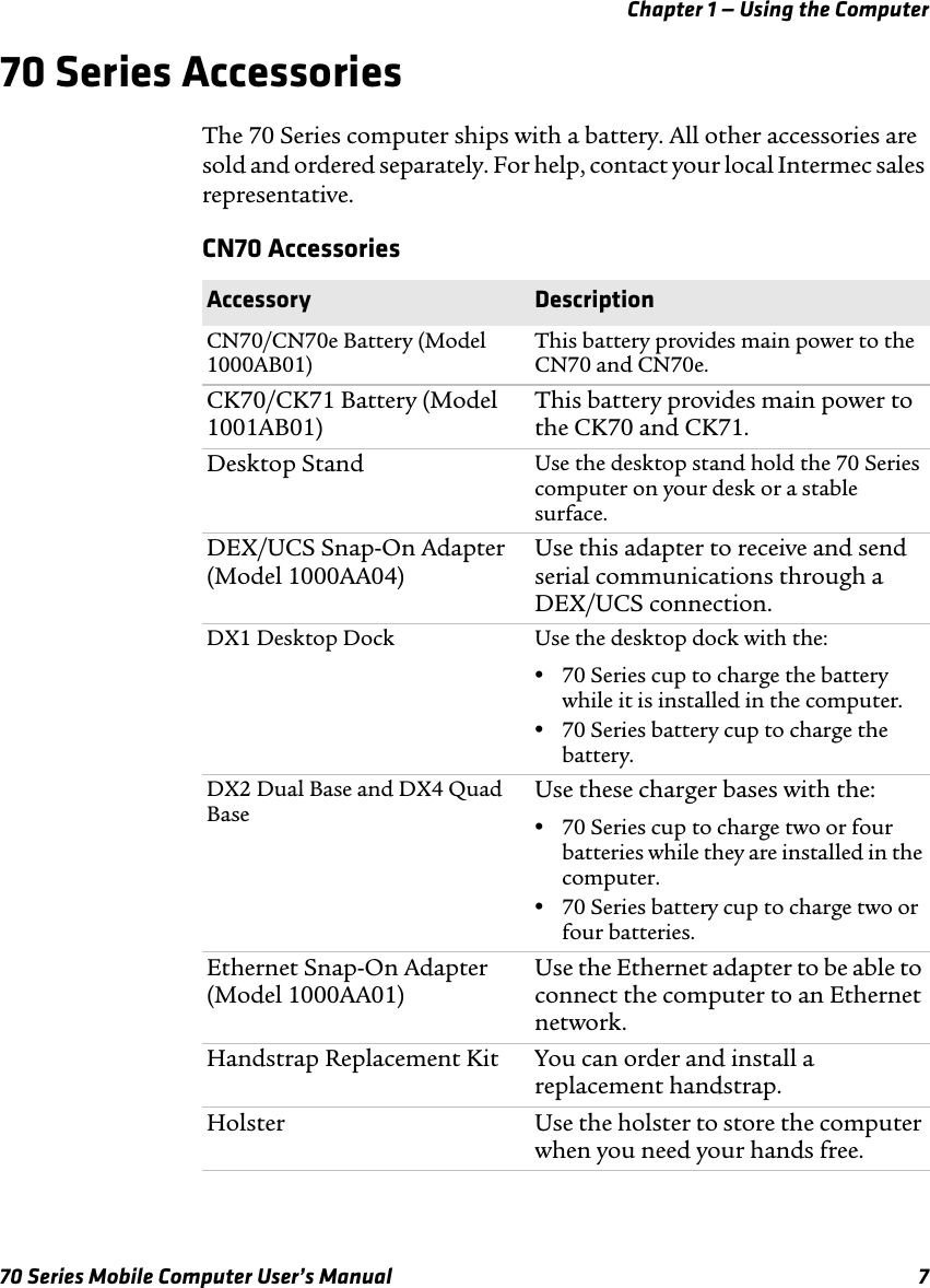 Chapter 1 — Using the Computer70 Series Mobile Computer User’s Manual 770 Series AccessoriesThe 70 Series computer ships with a battery. All other accessories are sold and ordered separately. For help, contact your local Intermec sales representative.CN70 AccessoriesAccessory DescriptionCN70/CN70e Battery (Model 1000AB01)This battery provides main power to the CN70 and CN70e.CK70/CK71 Battery (Model 1001AB01)This battery provides main power to the CK70 and CK71.Desktop Stand Use the desktop stand hold the 70 Series computer on your desk or a stable surface.DEX/UCS Snap-On Adapter (Model 1000AA04)Use this adapter to receive and send serial communications through a DEX/UCS connection.DX1 Desktop Dock  Use the desktop dock with the: •70 Series cup to charge the battery while it is installed in the computer.•70 Series battery cup to charge the battery.DX2 Dual Base and DX4 Quad BaseUse these charger bases with the: •70 Series cup to charge two or four batteries while they are installed in the computer.•70 Series battery cup to charge two or four batteries.Ethernet Snap-On Adapter (Model 1000AA01)Use the Ethernet adapter to be able to connect the computer to an Ethernet network.Handstrap Replacement Kit You can order and install a replacement handstrap.Holster Use the holster to store the computer when you need your hands free.