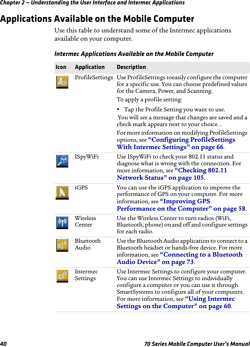 Chapter 2 — Understanding the User Interface and Intermec Applications40 70 Series Mobile Computer User’s ManualApplications Available on the Mobile ComputerUse this table to understand some of the Intermec applications available on your computer.Intermec Applications Available on the Mobile ComputerIcon Application DescriptionProfileSettings Use ProfileSettings toeasily configure the computer for a specific use. You can choose predefined values for the Camera, Power, and Scanning. To apply a profile setting:•Tap the Profile Setting you want to use. You will see a message that changes are saved and a check mark appears next to your choice. .For more information on modifying ProfileSettings options, see “Configuring ProfileSettings With Intermec Settings” on page 66.ISpyWiFi Use ISpyWiFi to check your 802.11 status and diagnose what is wrong with the connection. For more information, see “Checking 802.11 Network Status” on page 105.iGPS You can use the iGPS application to improve the performance of GPS on your computer. For more information, see “Improving GPS Performance on the Computer” on page 58.Wireless CenterUse the Wireless Center to turn radios (WiFi, Bluetooth, phone) on and off and configure settings for each radio.Bluetooth AudioUse the Bluetooth Audio application to connect to a Bluetooth headset or hands-free device. For more information, see “Connecting to a Bluetooth Audio Device” on page 73.Intermec SettingsUse Intermec Settings to configure your computer. You can use Intermec Settings to individually configure a computer or you can use it through SmartSystems to configure all of your computers. For more information, see “Using Intermec Settings on the Computer” on page 60.