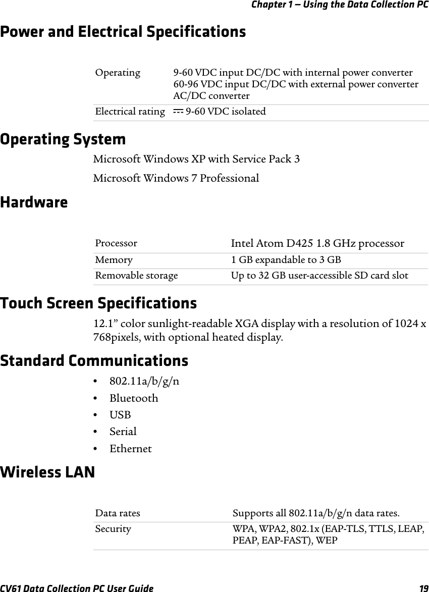 Chapter 1 — Using the Data Collection PCCV61 Data Collection PC User Guide 19Power and Electrical SpecificationsOperating SystemMicrosoft Windows XP with Service Pack 3Microsoft Windows 7 ProfessionalHardwareTouch Screen Specifications12.1” color sunlight-readable XGA display with a resolution of 1024 x 768pixels, with optional heated display.Standard Communications•802.11a/b/g/n•Bluetooth•USB•Serial•EthernetWireless LANOperating 9-60 VDC input DC/DC with internal power converter 60-96 VDC input DC/DC with external power converter AC/DC converterElectrical rating x 9-60 VDC isolatedProcessor Intel Atom D425 1.8 GHz processorMemory 1 GB expandable to 3 GBRemovable storage Up to 32 GB user-accessible SD card slotData rates Supports all 802.11a/b/g/n data rates.Security WPA, WPA2, 802.1x (EAP-TLS, TTLS, LEAP, PEAP, EAP-FAST), WEP