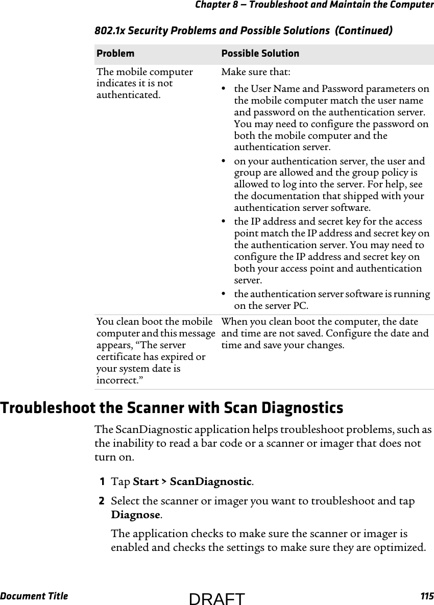 Chapter 8 — Troubleshoot and Maintain the ComputerDocument Title 115Troubleshoot the Scanner with Scan DiagnosticsThe ScanDiagnostic application helps troubleshoot problems, such as the inability to read a bar code or a scanner or imager that does not turn on.1Tap Start &gt; ScanDiagnostic.2Select the scanner or imager you want to troubleshoot and tap Diagnose.The application checks to make sure the scanner or imager is enabled and checks the settings to make sure they are optimized.The mobile computer indicates it is not authenticated.Make sure that:•the User Name and Password parameters on the mobile computer match the user name and password on the authentication server. You may need to configure the password on both the mobile computer and the authentication server.•on your authentication server, the user and group are allowed and the group policy is allowed to log into the server. For help, see the documentation that shipped with your authentication server software.•the IP address and secret key for the access point match the IP address and secret key on the authentication server. You may need to configure the IP address and secret key on both your access point and authentication server.•the authentication server software is running on the server PC.You clean boot the mobile computer and this message appears, “The server certificate has expired or your system date is incorrect.”When you clean boot the computer, the date and time are not saved. Configure the date and time and save your changes.802.1x Security Problems and Possible Solutions  (Continued)Problem Possible SolutionDRAFT