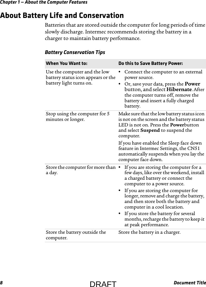 Chapter 1 — About the Computer Features8Document TitleAbout Battery Life and ConservationBatteries that are stored outside the computer for long periods of time slowly discharge. Intermec recommends storing the battery in a charger to maintain battery performance.Battery Conservation Tips  When You Want to: Do this to Save Battery Power:Use the computer and the low battery status icon appears or the battery light turns on.•Connect the computer to an external power source.•Or, save your data, press the Power button, and select Hibernate. After the computer turns off, remove the battery and insert a fully charged battery.Stop using the computer for 5 minutes or longer.Make sure that the low battery status icon is not on the screen and the battery status LED is not on. Press the Powerbutton and select Suspend to suspend the computer. If you have enabled the Sleep face down feature in Intermec Settings, the CN51 automatically suspends when you lay the computer face down.Store the computer for more than a day.•If you are storing the computer for a few days, like over the weekend, install a charged battery or connect the computer to a power source.•If you are storing the computer for longer, remove and charge the battery, and then store both the battery and computer in a cool location.•If you store the battery for several months, recharge the battery to keep it at peak performance.Store the battery outside the computer.Store the battery in a charger.DRAFT