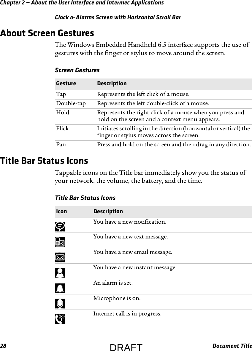 Chapter 2 — About the User Interface and Intermec Applications28 Document TitleClock &amp; Alarms Screen with Horizontal Scroll BarAbout Screen GesturesThe Windows Embedded Handheld 6.5 interface supports the use of gestures with the finger or stylus to move around the screen.Title Bar Status IconsTappable icons on the Title bar immediately show you the status of your network, the volume, the battery, and the time.Screen Gestures  Gesture DescriptionTap Represents the left click of a mouse.Double-tap Represents the left double-click of a mouse.Hold Represents the right click of a mouse when you press and hold on the screen and a context menu appears.Flick Initiates scrolling in the direction (horizontal or vertical) the finger or stylus moves across the screen.Pan Press and hold on the screen and then drag in any direction.Title Bar Status Icons  Icon DescriptionYou have a new notification.You have a new text message.You have a new email message.You have a new instant message.An alarm is set.Microphone is on.Internet call is in progress.DRAFT