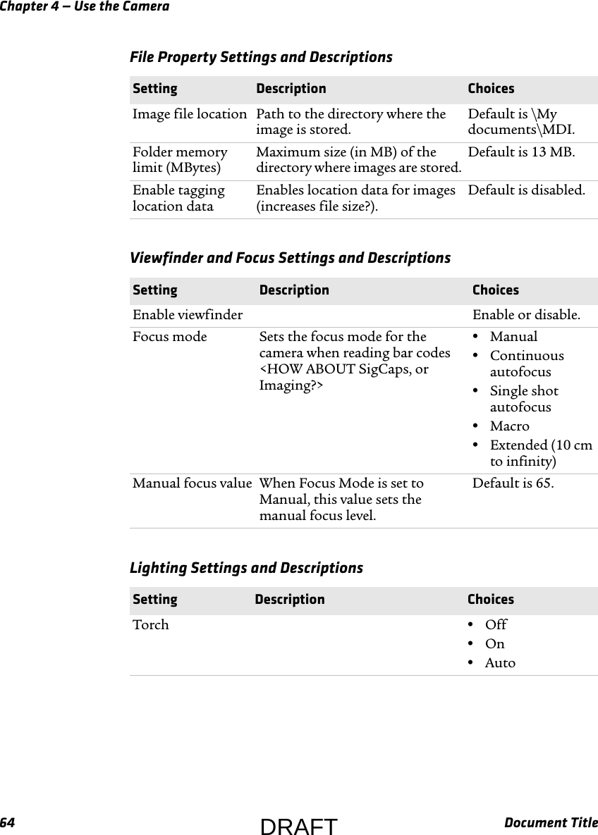 Chapter 4 — Use the Camera64 Document TitleFile Property Settings and Descriptions  Setting Description ChoicesImage file location Path to the directory where the image is stored.Default is \My documents\MDI.Folder memory limit (MBytes)Maximum size (in MB) of the directory where images are stored.Default is 13 MB.Enable tagging location dataEnables location data for images (increases file size?).Default is disabled.Viewfinder and Focus Settings and Descriptions  Setting Description ChoicesEnable viewfinder Enable or disable.Focus mode Sets the focus mode for the camera when reading bar codes &lt;HOW ABOUT SigCaps, or Imaging?&gt;•Manual•Continuous autofocus•Single shot autofocus•Macro•Extended (10 cm to infinity)Manual focus value When Focus Mode is set to Manual, this value sets the manual focus level.Default is 65.Lighting Settings and Descriptions  Setting Description ChoicesTorch •Off•On•AutoDRAFT