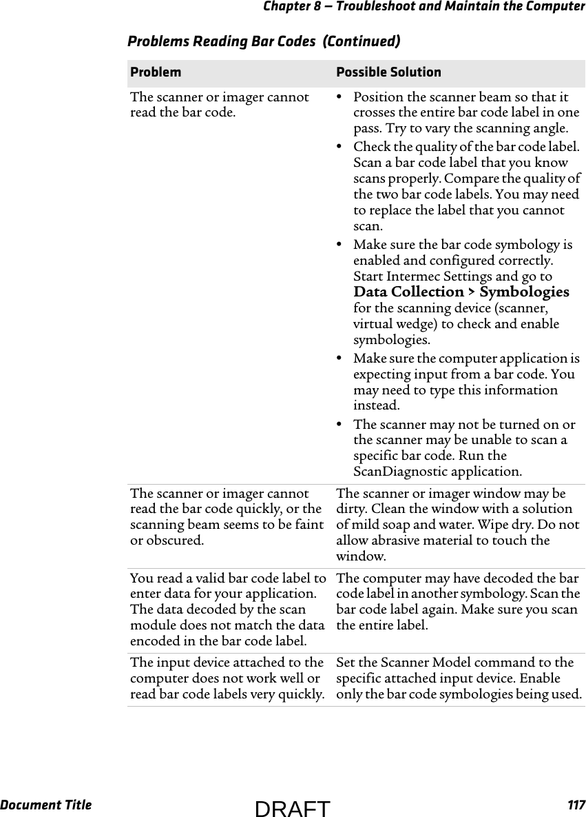 Chapter 8 — Troubleshoot and Maintain the ComputerDocument Title 117The scanner or imager cannot read the bar code.•Position the scanner beam so that it crosses the entire bar code label in one pass. Try to vary the scanning angle.•Check the quality of the bar code label. Scan a bar code label that you know scans properly. Compare the quality of the two bar code labels. You may need to replace the label that you cannot scan.•Make sure the bar code symbology is enabled and configured correctly. Start Intermec Settings and go to Data Collection &gt; Symbologies for the scanning device (scanner, virtual wedge) to check and enable symbologies.•Make sure the computer application is expecting input from a bar code. You may need to type this information instead.•The scanner may not be turned on or the scanner may be unable to scan a specific bar code. Run the ScanDiagnostic application.The scanner or imager cannot read the bar code quickly, or the scanning beam seems to be faint or obscured.The scanner or imager window may be dirty. Clean the window with a solution of mild soap and water. Wipe dry. Do not allow abrasive material to touch the window.You read a valid bar code label to enter data for your application. The data decoded by the scan module does not match the data encoded in the bar code label.The computer may have decoded the bar code label in another symbology. Scan the bar code label again. Make sure you scan the entire label.The input device attached to the computer does not work well or read bar code labels very quickly.Set the Scanner Model command to the specific attached input device. Enable only the bar code symbologies being used.Problems Reading Bar Codes  (Continued)Problem  Possible SolutionDRAFT