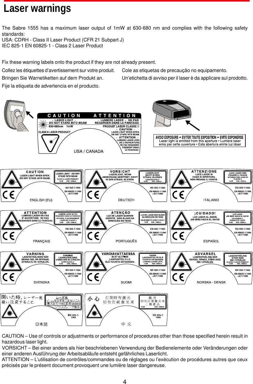 4CAUTION – Use of controls or adjustments or performance of procedures other than those specified herein result inhazardous laser light.VORSICHT – Bei einer anders als hier beschriebenen Verwendung der Bedienelemente oder Veränderungen odereiner anderen Ausführung der Arbeitsabläufe entsteht gefährliches Laserlicht.ATTENTION – L’utilisation de contrôles/commandes ou de réglages ou l’exécution de procédures autres que ceuxprécisés par le présent document provoquent une lumière laser dangereuse.Laser warningsFix these warning labels onto the product if they are not already present.The Sabre 1555 has a maximum laser output of 1mW at 630-680 nm and complies with the following safetystandards:USA: CDRH - Class II Laser Product (CFR 21 Subpart J)IEC 825-1 EN 60825-1 - Class 2 Laser ProductCollez les étiquettes d’avertissement sur votre produit.Bringen Sie Warnetiketten auf dem Produkt an.Fije la etiqueta de advertencia en el producto.Cole as etiquetas de precaução no equipamento.Un’etichetta di avviso per il laser è da applicare sul prodotto.