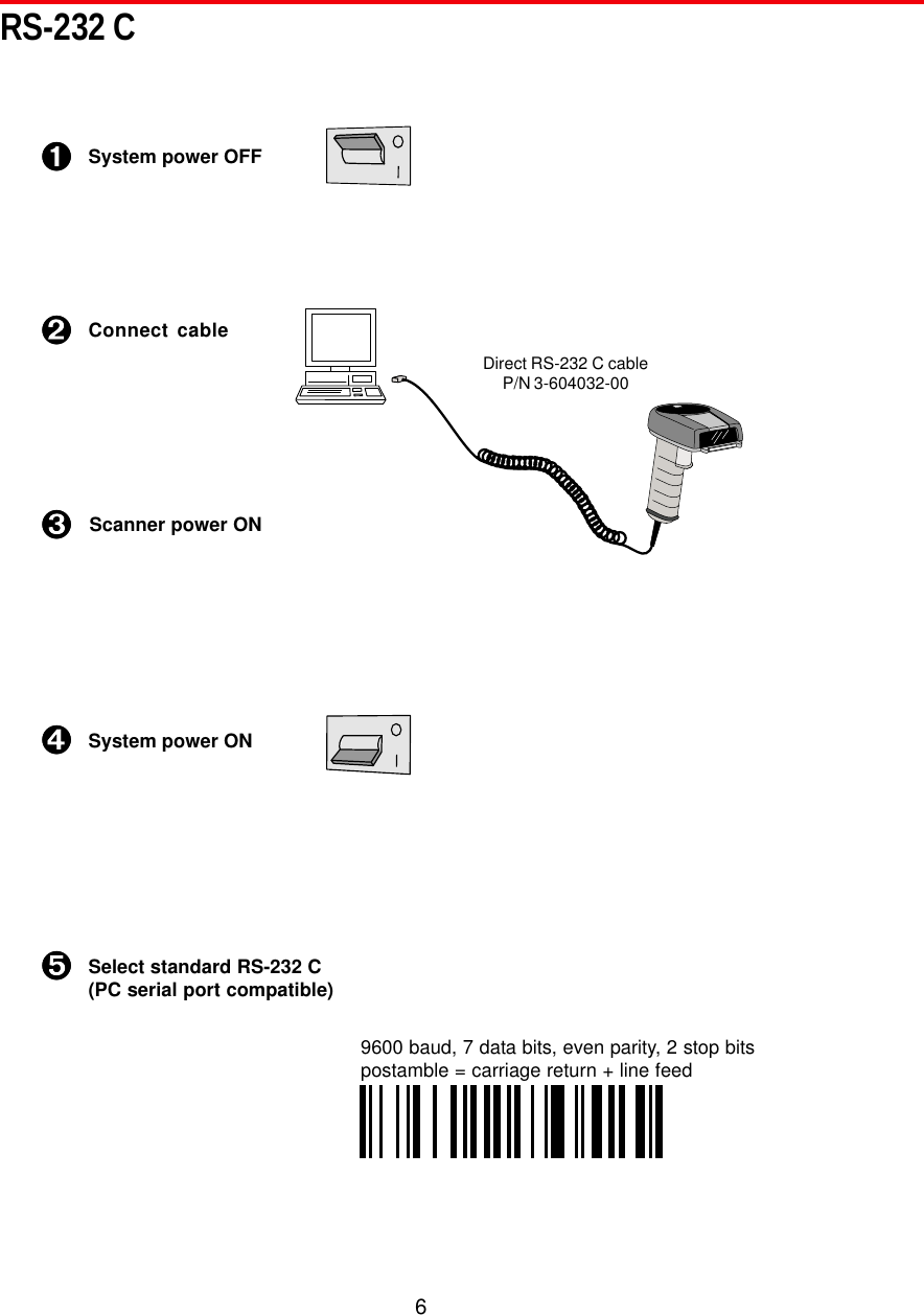 6ÊËÌÍÎRS-232 CConnect cableScanner power ONDirect RS-232 C cableP/N 3-604032-00System power OFFSystem power ONSelect standard RS-232 C(PC serial port compatible)9600 baud, 7 data bits, even parity, 2 stop bitspostamble = carriage return + line feedÊËÌÍÎ