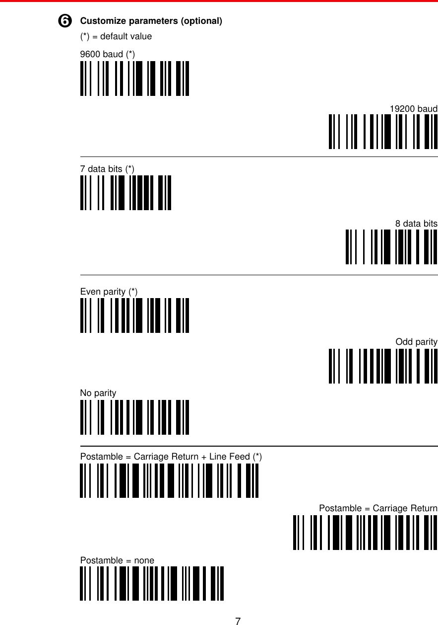 7Customize parameters (optional)(*) = default valueÏ9600 baud (*)19200 baud7 data bits (*)8 data bitsNo parityPostamble = Carriage ReturnPostamble = noneEven parity (*)Odd parityPostamble = Carriage Return + Line Feed (*)