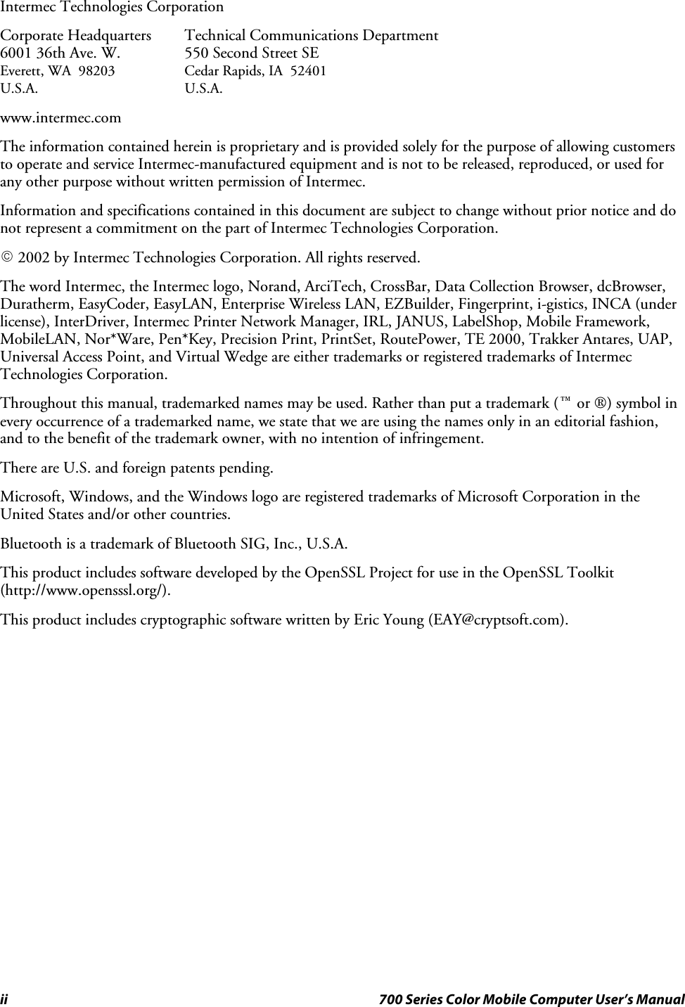 ii 700 Series Color Mobile Computer User’s ManualIntermec Technologies CorporationCorporate Headquarters Technical Communications Department6001 36th Ave. W. 550 Second Street SEEverett, WA 98203 Cedar Rapids, IA 52401U.S.A. U.S.A.www.intermec.comThe information contained herein is proprietary and is provided solely for the purpose of allowing customersto operate and service Intermec-manufactured equipment and is not to be released, reproduced, or used forany other purpose without written permission of Intermec.Information and specifications contained in this document are subject to change without prior notice and donot represent a commitment on the part of Intermec Technologies Corporation.E2002 by Intermec Technologies Corporation. All rights reserved.The word Intermec, the Intermec logo, Norand, ArciTech, CrossBar, Data Collection Browser, dcBrowser,Duratherm, EasyCoder, EasyLAN, Enterprise Wireless LAN, EZBuilder, Fingerprint, i-gistics, INCA (underlicense), InterDriver, Intermec Printer Network Manager, IRL, JANUS, LabelShop, Mobile Framework,MobileLAN, Nor*Ware, Pen*Key, Precision Print, PrintSet, RoutePower, TE 2000, Trakker Antares, UAP,Universal Access Point, and Virtual Wedge are either trademarks or registered trademarks of IntermecTechnologies Corporation.Throughout this manual, trademarked names may be used. Rather than put a trademark (™or ®) symbol inevery occurrence of a trademarked name, we state that we are using the names only in an editorial fashion,and to the benefit of the trademark owner, with no intention of infringement.There are U.S. and foreign patents pending.Microsoft, Windows, and the Windows logo are registered trademarks of Microsoft Corporation in theUnited States and/or other countries.Bluetooth is a trademark of Bluetooth SIG, Inc., U.S.A.This product includes software developed by the OpenSSL Project for use in the OpenSSL Toolkit(http://www.opensssl.org/).This product includes cryptographic software written by Eric Young (EAY@cryptsoft.com).