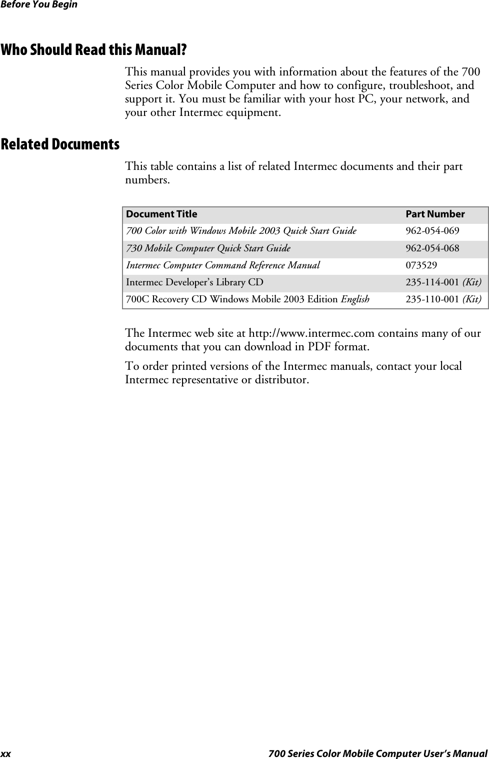 Before You Beginxx 700 Series Color Mobile Computer User’s ManualWhoShouldReadthisManual?This manual provides you with information about the features of the 700Series Color Mobile Computer and how to configure, troubleshoot, andsupport it. You must be familiar with your host PC, your network, andyour other Intermec equipment.Related DocumentsThis table contains a list of related Intermec documents and their partnumbers.Document Title Part Number700 Color with Windows Mobile 2003 Quick Start Guide 962-054-069730 Mobile Computer Quick Start Guide 962-054-068Intermec Computer Command Reference Manual 073529Intermec Developer’s Library CD 235-114-001 (Kit)700C Recovery CD Windows Mobile 2003 Edition English 235-110-001 (Kit)The Intermec web site at http://www.intermec.com contains many of ourdocuments that you can download in PDF format.To order printed versions of the Intermec manuals, contact your localIntermec representative or distributor.