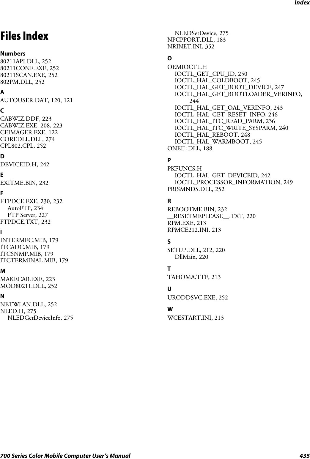 Index435700 Series Color Mobile Computer User’s ManualFiles IndexNumbers80211API.DLL, 25280211CONF.EXE, 25280211SCAN.EXE, 252802PM.DLL, 252AAUTOUSER.DAT, 120, 121CCABWIZ.DDF, 223CABWIZ.EXE, 208, 223CEIMAGER.EXE, 122COREDLL.DLL, 274CPL802.CPL, 252DDEVICEID.H, 242EEXITME.BIN, 232FFTPDCE.EXE, 230, 232AutoFTP, 234FTP Server, 227FTPDCE.TXT, 232IINTERMEC.MIB, 179ITCADC.MIB, 179ITCSNMP.MIB, 179ITCTERMINAL.MIB, 179MMAKECAB.EXE, 223MOD80211.DLL, 252NNETWLAN.DLL, 252NLED.H, 275NLEDGetDeviceInfo, 275NLEDSetDevice, 275NPCPPORT.DLL, 183NRINET.INI, 352OOEMIOCTL.HIOCTL_GET_CPU_ID, 250IOCTL_HAL_COLDBOOT, 245IOCTL_HAL_GET_BOOT_DEVICE, 247IOCTL_HAL_GET_BOOTLOADER_VERINFO,244IOCTL_HAL_GET_OAL_VERINFO, 243IOCTL_HAL_GET_RESET_INFO, 246IOCTL_HAL_ITC_READ_PARM, 236IOCTL_HAL_ITC_WRITE_SYSPARM, 240IOCTL_HAL_REBOOT, 248IOCTL_HAL_WARMBOOT, 245ONEIL.DLL, 188PPKFUNCS.HIOCTL_HAL_GET_DEVICEID, 242IOCTL_PROCESSOR_INFORMATION, 249PRISMNDS.DLL, 252RREBOOTME.BIN, 232__RESETMEPLEASE__.TXT, 220RPM.EXE, 213RPMCE212.INI, 213SSETUP.DLL, 212, 220DllMain, 220TTAHOMA.TTF, 213UURODDSVC.EXE, 252WWCESTART.INI, 213