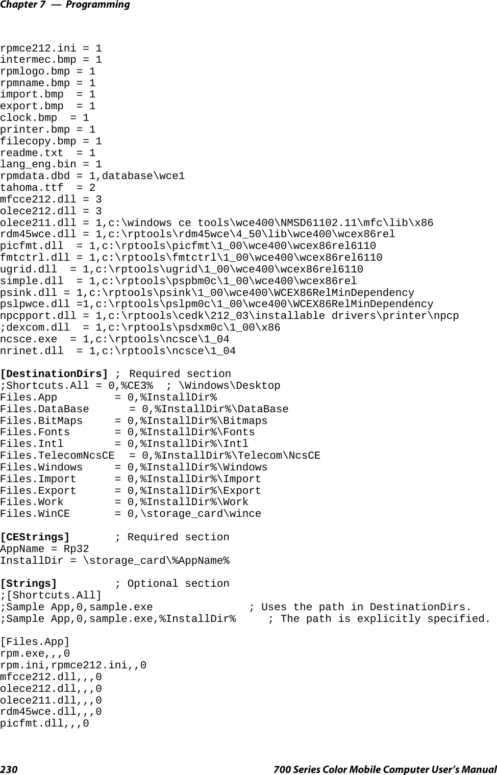 ProgrammingChapter —7230 700 Series Color Mobile Computer User’s Manualrpmce212.ini = 1intermec.bmp = 1rpmlogo.bmp = 1rpmname.bmp = 1import.bmp = 1export.bmp = 1clock.bmp = 1printer.bmp = 1filecopy.bmp = 1readme.txt = 1lang_eng.bin = 1rpmdata.dbd = 1,database\wce1tahoma.ttf = 2mfcce212.dll = 3olece212.dll = 3olece211.dll = 1,c:\windows ce tools\wce400\NMSD61102.11\mfc\lib\x86rdm45wce.dll = 1,c:\rptools\rdm45wce\4_50\lib\wce400\wcex86relpicfmt.dll = 1,c:\rptools\picfmt\1_00\wce400\wcex86rel6110fmtctrl.dll = 1,c:\rptools\fmtctrl\1_00\wce400\wcex86rel6110ugrid.dll = 1,c:\rptools\ugrid\1_00\wce400\wcex86rel6110simple.dll = 1,c:\rptools\pspbm0c\1_00\wce400\wcex86relpsink.dll = 1,c:\rptools\psink\1_00\wce400\WCEX86RelMinDependencypslpwce.dll =1,c:\rptools\pslpm0c\1_00\wce400\WCEX86RelMinDependencynpcpport.dll = 1,c:\rptools\cedk\212_03\installable drivers\printer\npcp;dexcom.dll = 1,c:\rptools\psdxm0c\1_00\x86ncsce.exe = 1,c:\rptools\ncsce\1_04nrinet.dll = 1,c:\rptools\ncsce\1_04[DestinationDirs] ; Required section;Shortcuts.All = 0,%CE3% ; \Windows\DesktopFiles.App = 0,%InstallDir%Files.DataBase = 0,%InstallDir%\DataBaseFiles.BitMaps = 0,%InstallDir%\BitmapsFiles.Fonts = 0,%InstallDir%\FontsFiles.Intl = 0,%InstallDir%\IntlFiles.TelecomNcsCE = 0,%InstallDir%\Telecom\NcsCEFiles.Windows = 0,%InstallDir%\WindowsFiles.Import = 0,%InstallDir%\ImportFiles.Export = 0,%InstallDir%\ExportFiles.Work = 0,%InstallDir%\WorkFiles.WinCE = 0,\storage_card\wince[CEStrings] ; Required sectionAppName = Rp32InstallDir = \storage_card\%AppName%[Strings] ; Optional section;[Shortcuts.All];Sample App,0,sample.exe ; Uses the path in DestinationDirs.;Sample App,0,sample.exe,%InstallDir% ; The path is explicitly specified.[Files.App]rpm.exe,,,0rpm.ini,rpmce212.ini,,0mfcce212.dll,,,0olece212.dll,,,0olece211.dll,,,0rdm45wce.dll,,,0picfmt.dll,,,0