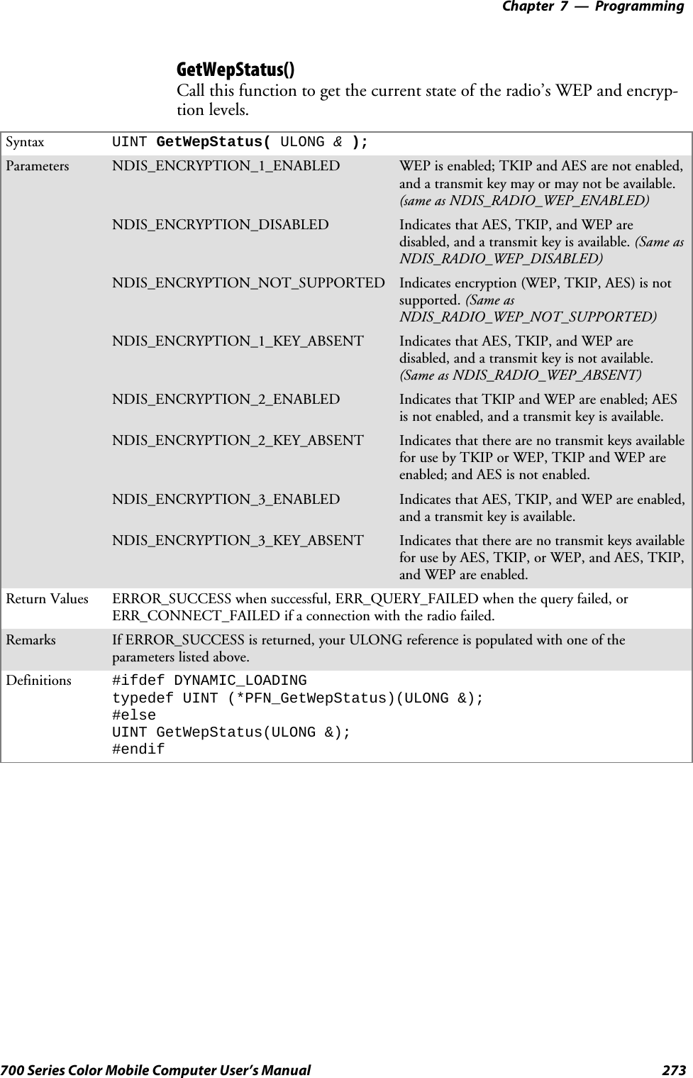 Programming—Chapter 7273700 Series Color Mobile Computer User’s ManualGetWepStatus()Call this function to get the current state of the radio’s WEP and encryp-tion levels.Syntax UINT GetWepStatus( ULONG &amp;);Parameters NDIS_ENCRYPTION_1_ENABLED WEP is enabled; TKIP and AES are not enabled,and a transmit key may or may not be available.(same as NDIS_RADIO_WEP_ENABLED)NDIS_ENCRYPTION_DISABLED Indicates that AES, TKIP, and WEP aredisabled, and a transmit key is available. (Same asNDIS_RADIO_WEP_DISABLED)NDIS_ENCRYPTION_NOT_SUPPORTED Indicates encryption (WEP, TKIP, AES) is notsupported. (Same asNDIS_RADIO_WEP_NOT_SUPPORTED)NDIS_ENCRYPTION_1_KEY_ABSENT Indicates that AES, TKIP, and WEP aredisabled, and a transmit key is not available.(Same as NDIS_RADIO_WEP_ABSENT)NDIS_ENCRYPTION_2_ENABLED IndicatesthatTKIPandWEPareenabled;AESis not enabled, and a transmit key is available.NDIS_ENCRYPTION_2_KEY_ABSENT Indicates that there are no transmit keys availablefor use by TKIP or WEP, TKIP and WEP areenabled; and AES is not enabled.NDIS_ENCRYPTION_3_ENABLED Indicates that AES, TKIP, and WEP are enabled,and a transmit key is available.NDIS_ENCRYPTION_3_KEY_ABSENT Indicates that there are no transmit keys availableforusebyAES,TKIP,orWEP,andAES,TKIP,and WEP are enabled.Return Values ERROR_SUCCESS when successful, ERR_QUERY_FAILED when the query failed, orERR_CONNECT_FAILED if a connection with the radio failed.Remarks If ERROR_SUCCESS is returned, your ULONG reference is populated with one of theparameters listed above.Definitions #ifdef DYNAMIC_LOADINGtypedef UINT (*PFN_GetWepStatus)(ULONG &amp;);#elseUINT GetWepStatus(ULONG &amp;);#endif