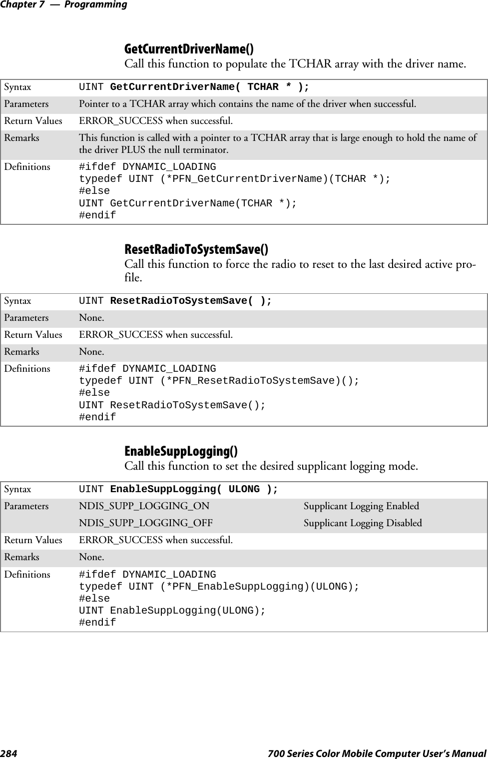 ProgrammingChapter —7284 700 Series Color Mobile Computer User’s ManualGetCurrentDriverName()Call this function to populate the TCHAR array with the driver name.Syntax UINT GetCurrentDriverName( TCHAR *);Parameters Pointer to a TCHAR array which contains the name of the driver when successful.Return Values ERROR_SUCCESS when successful.Remarks This function is called with a pointer to a TCHAR array that is large enough to hold the name ofthe driver PLUS the null terminator.Definitions #ifdef DYNAMIC_LOADINGtypedef UINT (*PFN_GetCurrentDriverName)(TCHAR *);#elseUINT GetCurrentDriverName(TCHAR *);#endifResetRadioToSystemSave()Call this function to force the radio to reset to the last desired active pro-file.Syntax UINT ResetRadioToSystemSave( );Parameters None.Return Values ERROR_SUCCESS when successful.Remarks None.Definitions #ifdef DYNAMIC_LOADINGtypedef UINT (*PFN_ResetRadioToSystemSave)();#elseUINT ResetRadioToSystemSave();#endifEnableSuppLogging()Call this function to set the desired supplicant logging mode.Syntax UINT EnableSuppLogging( ULONG );Parameters NDIS_SUPP_LOGGING_ON Supplicant Logging EnabledNDIS_SUPP_LOGGING_OFF Supplicant Logging DisabledReturn Values ERROR_SUCCESS when successful.Remarks None.Definitions #ifdef DYNAMIC_LOADINGtypedef UINT (*PFN_EnableSuppLogging)(ULONG);#elseUINT EnableSuppLogging(ULONG);#endif