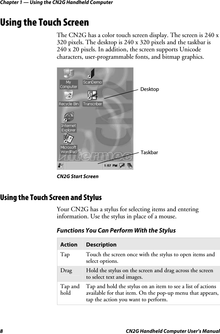 Chapter 1 — Using the CN2G Handheld Computer 8  CN2G Handheld Computer User’s Manual Using the Touch Screen The CN2G has a color touch screen display. The screen is 240 x 320 pixels. The desktop is 240 x 320 pixels and the taskbar is 240 x 20 pixels. In addition, the screen supports Unicode characters, user-programmable fonts, and bitmap graphics.     CN2G Start Screen Using the Touch Screen and Stylus Your CN2G has a stylus for selecting items and entering information. Use the stylus in place of a mouse.  Functions You Can Perform With the Stylus Action  Description Tap  Touch the screen once with the stylus to open items and select options. Drag  Hold the stylus on the screen and drag across the screen to select text and images.  Tap and hold Tap and hold the stylus on an item to see a list of actions available for that item. On the pop-up menu that appears, tap the action you want to perform.   Desktop Taskbar 