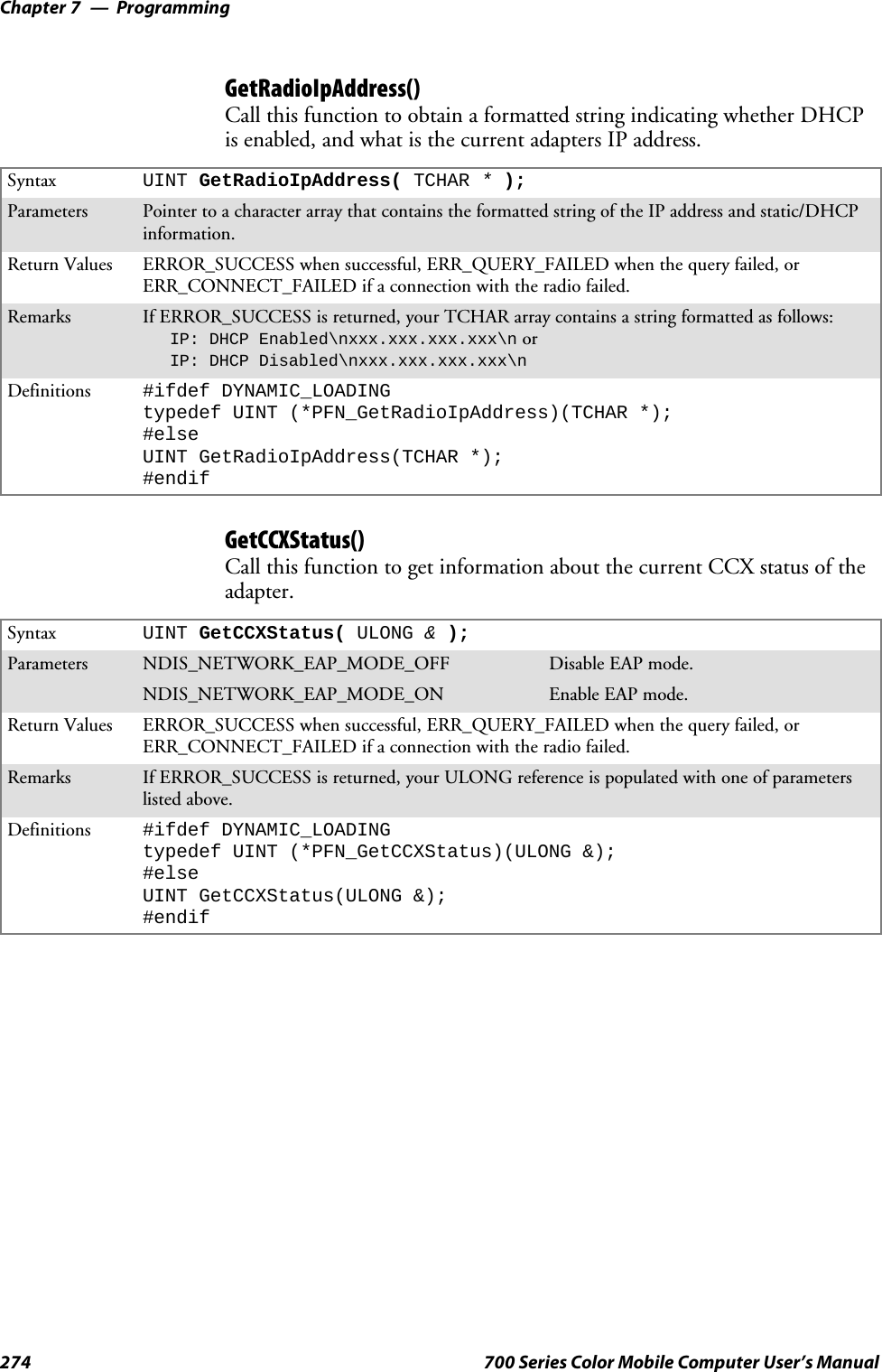 ProgrammingChapter —7274 700 Series Color Mobile Computer User’s ManualGetRadioIpAddress()Call this function to obtain a formatted string indicating whether DHCPis enabled, and what is the current adapters IP address.Syntax UINT GetRadioIpAddress( TCHAR *);Parameters Pointer to a character array that contains the formatted string of the IP address and static/DHCPinformation.Return Values ERROR_SUCCESS when successful, ERR_QUERY_FAILED when the query failed, orERR_CONNECT_FAILED if a connection with the radio failed.Remarks If ERROR_SUCCESS is returned, your TCHAR array contains a string formatted as follows:IP: DHCP Enabled\nxxx.xxx.xxx.xxx\n orIP: DHCP Disabled\nxxx.xxx.xxx.xxx\nDefinitions #ifdef DYNAMIC_LOADINGtypedef UINT (*PFN_GetRadioIpAddress)(TCHAR *);#elseUINT GetRadioIpAddress(TCHAR *);#endifGetCCXStatus()Call this function to get information about the current CCX status of theadapter.Syntax UINT GetCCXStatus( ULONG &amp;);Parameters NDIS_NETWORK_EAP_MODE_OFF Disable EAP mode.NDIS_NETWORK_EAP_MODE_ON Enable EAP mode.Return Values ERROR_SUCCESS when successful, ERR_QUERY_FAILED when the query failed, orERR_CONNECT_FAILED if a connection with the radio failed.Remarks If ERROR_SUCCESS is returned, your ULONG reference is populated with one of parameterslisted above.Definitions #ifdef DYNAMIC_LOADINGtypedef UINT (*PFN_GetCCXStatus)(ULONG &amp;);#elseUINT GetCCXStatus(ULONG &amp;);#endif